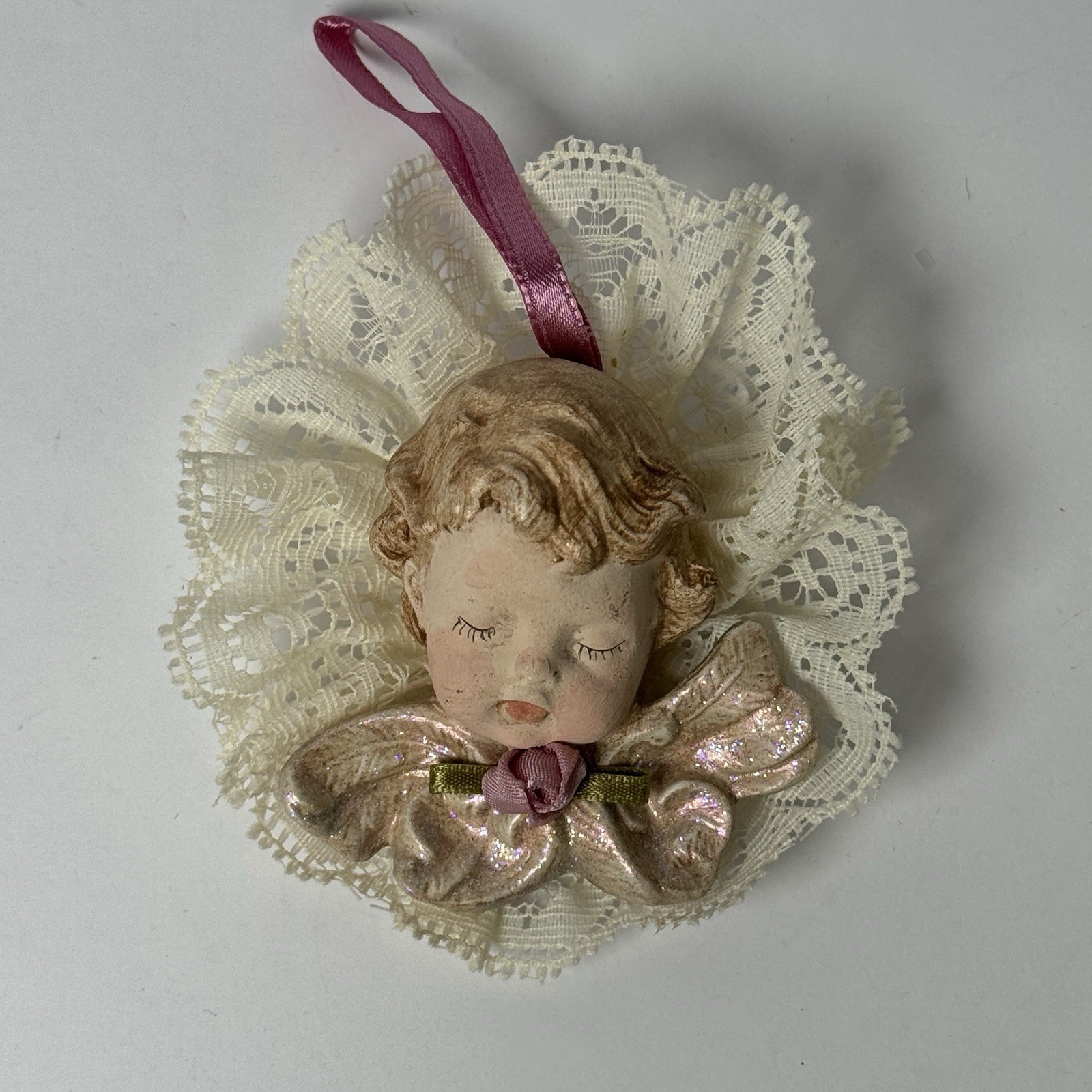 Vintage Scioto 1988 Angel Cherub Christmas Ornament Lace Signed Ceramic Lace