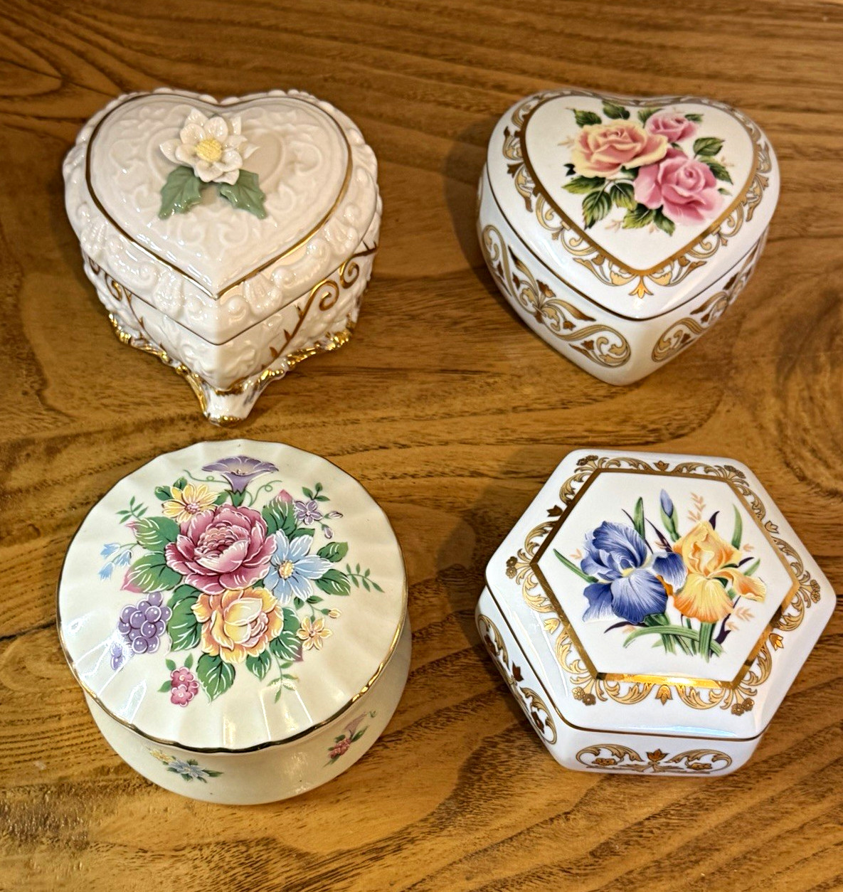 Heritage House Fine Porcelain Trinket Boxes w/ Lids Lot of 4 Heart Hexagon