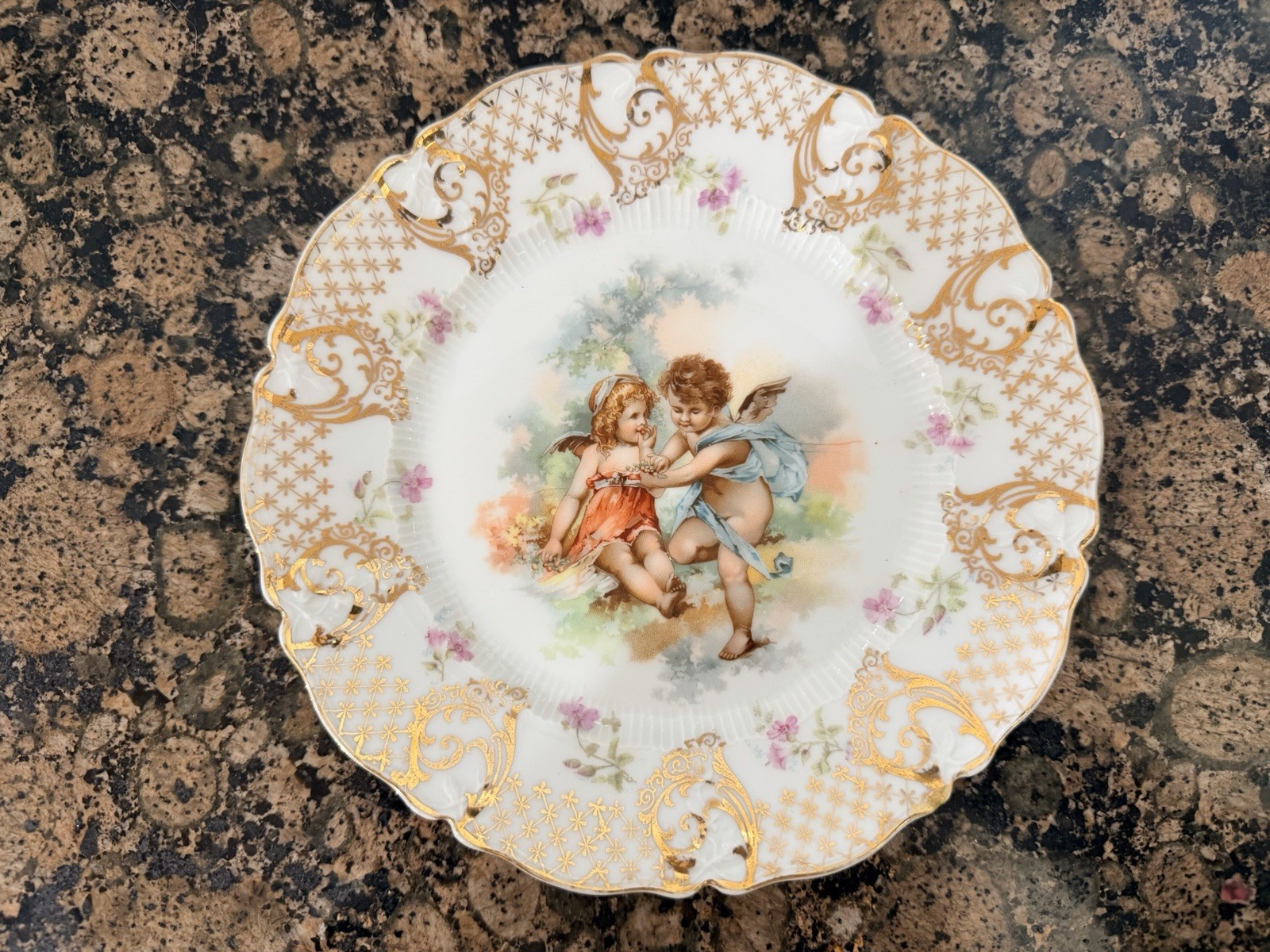 Antique Carl Tielsch CT Germany Cherub Angel Porcelain Cabinet Plate Gold 10”