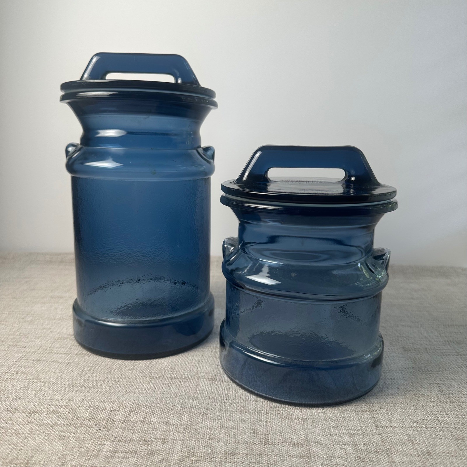 Vintage Cobalt Blue Glass Canister Set of 2 Handled Lids Kitchen Storage Jars