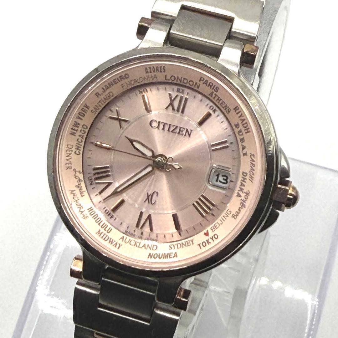 Excellent condition Working CITIZEN XC Watch World Time Pink Dial Silver