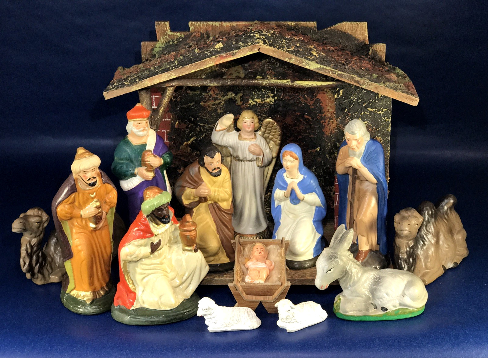 VINTAGE GERMANY JAPAN PAPER MACHE NATIVITY SET 14pc HOLY FAMILY KINGS STABLE VINTAGE GERMANY JAPAN PAPER MACHE NATIVITY SET 14pc HOLY FAMILY KINGS STABLE