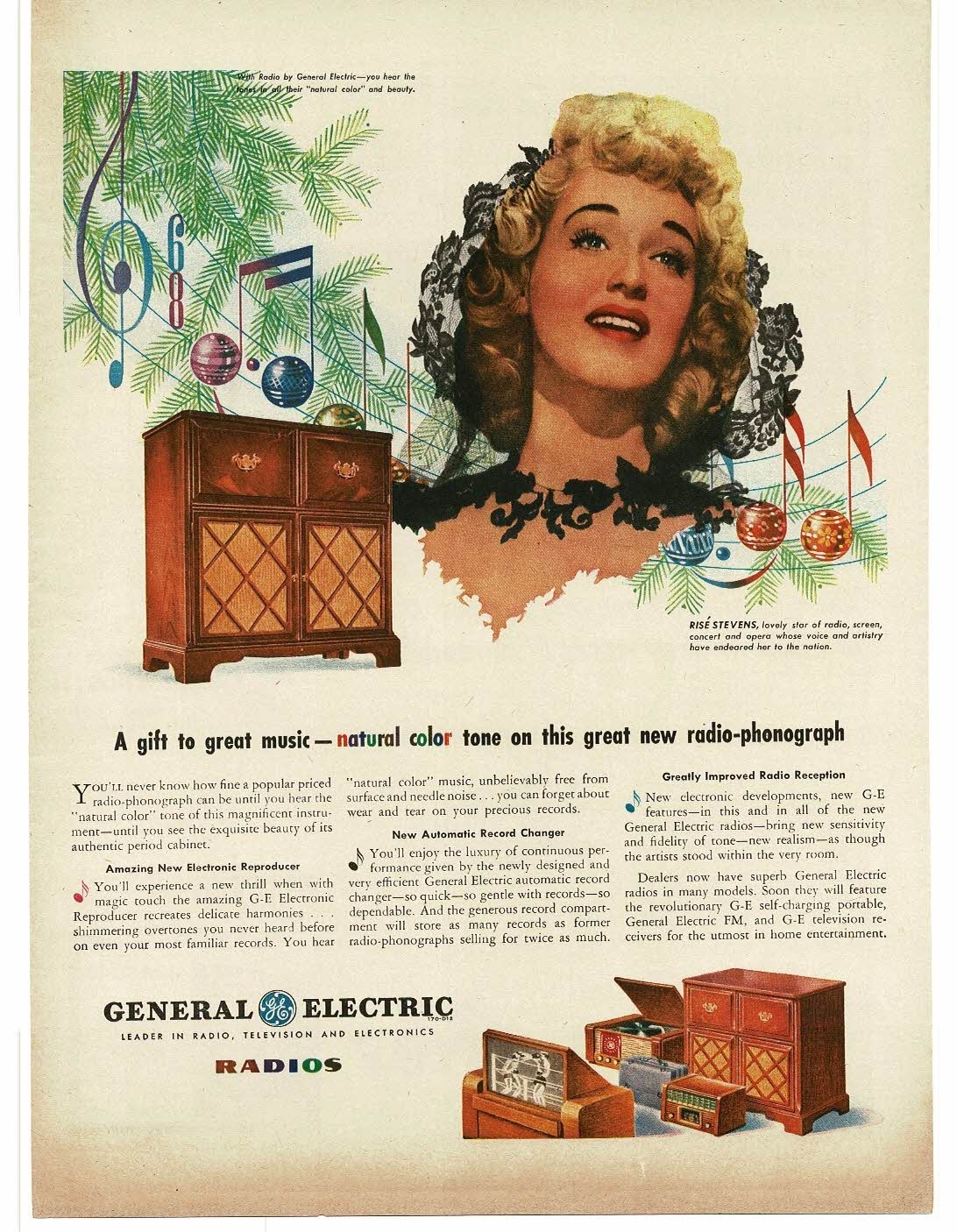 1945 G-E General Electric Radios Rise Stevens art Vintage Print Ad