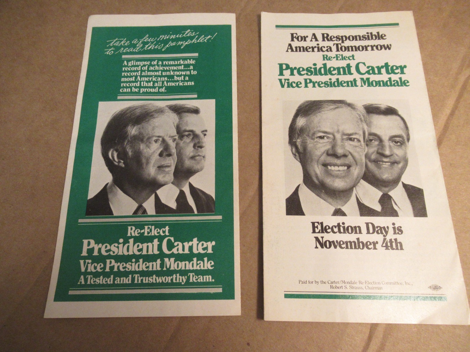 Vintage Jimmy Carter Walter Mondale Presidential Brochures Campaign Genuine Orig