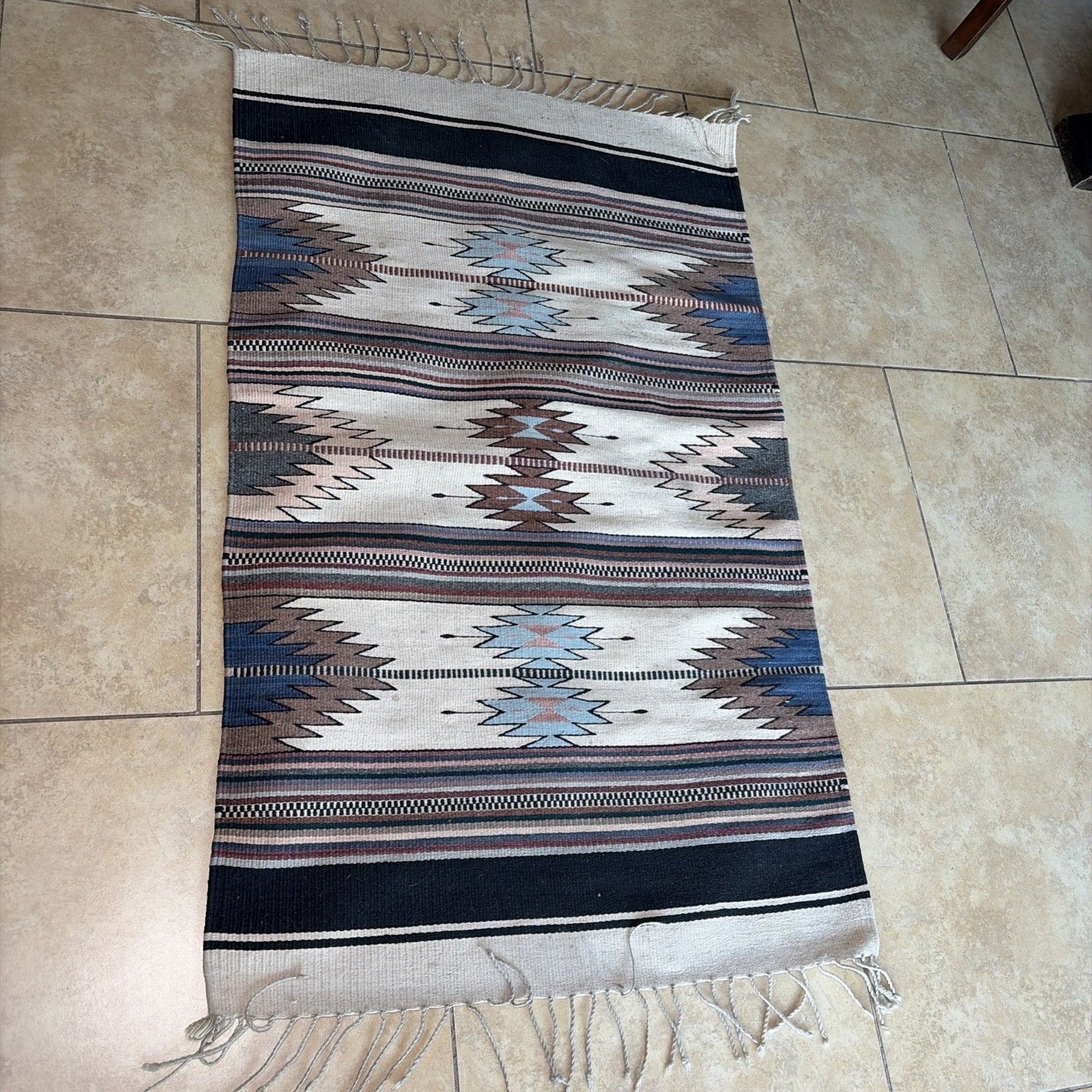 Vintage Handwoven Mexican Zapotec Wool Rug Southwestern Geometric Tapestry 51x30