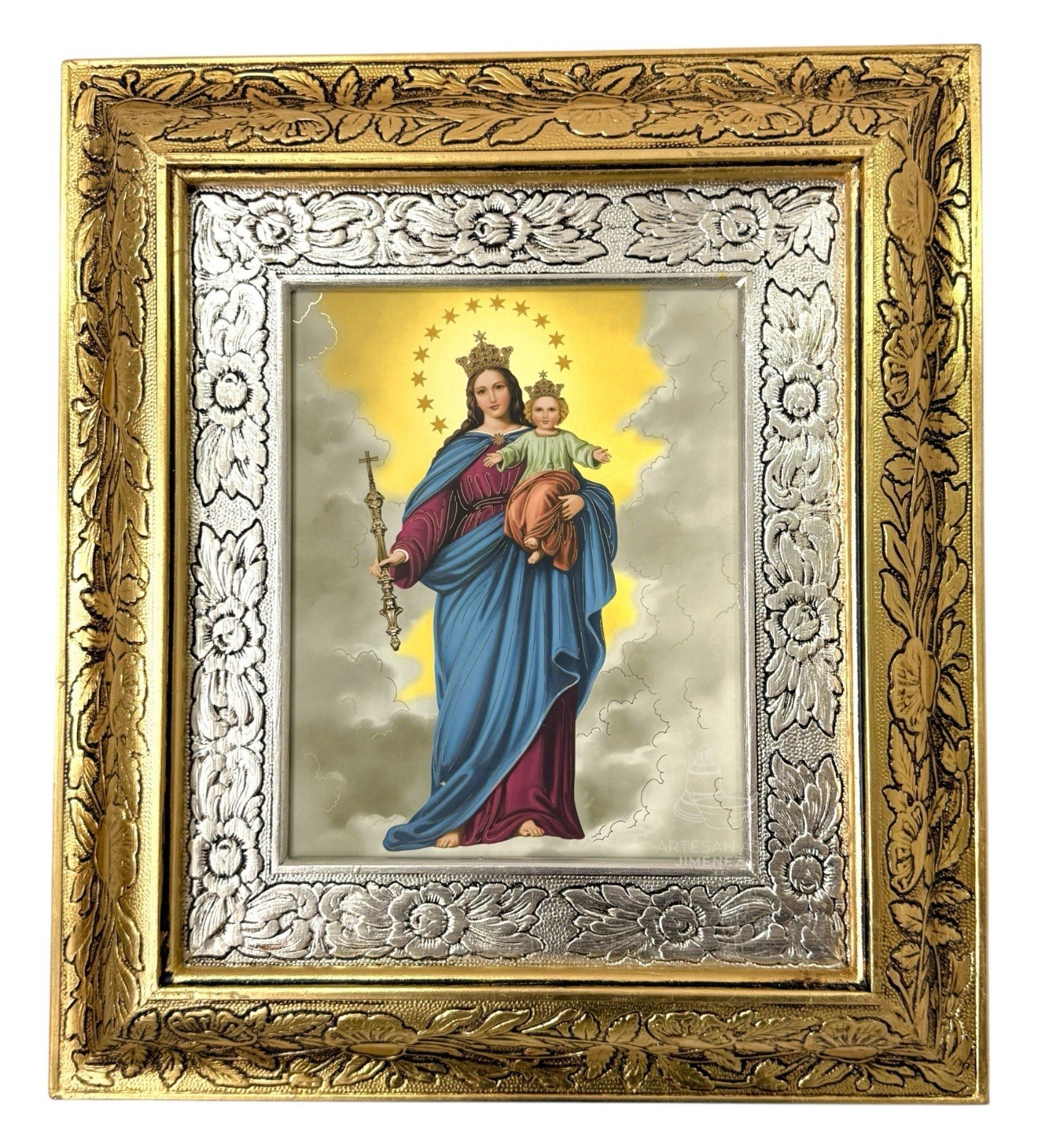 Virgin Mary Help of Christians Framed Art – 17.7”x15.7” Gold & Silver Frame – Re