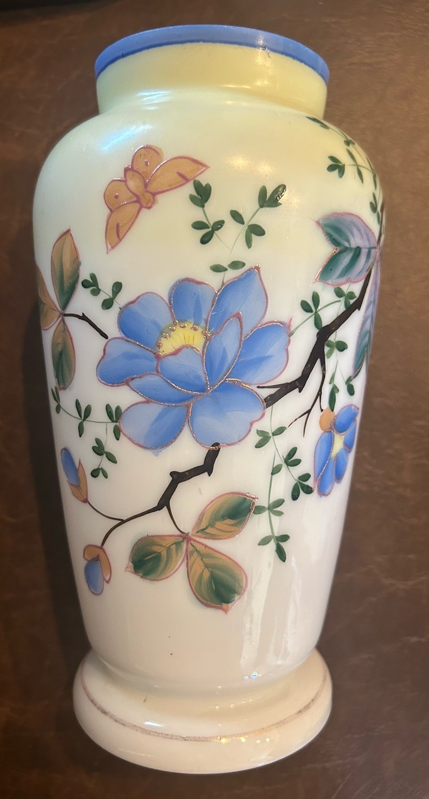 Vintage Hand Painted Floral Porcelain Milk Glass? Vase Gold Trim 9x3.5 Excellent