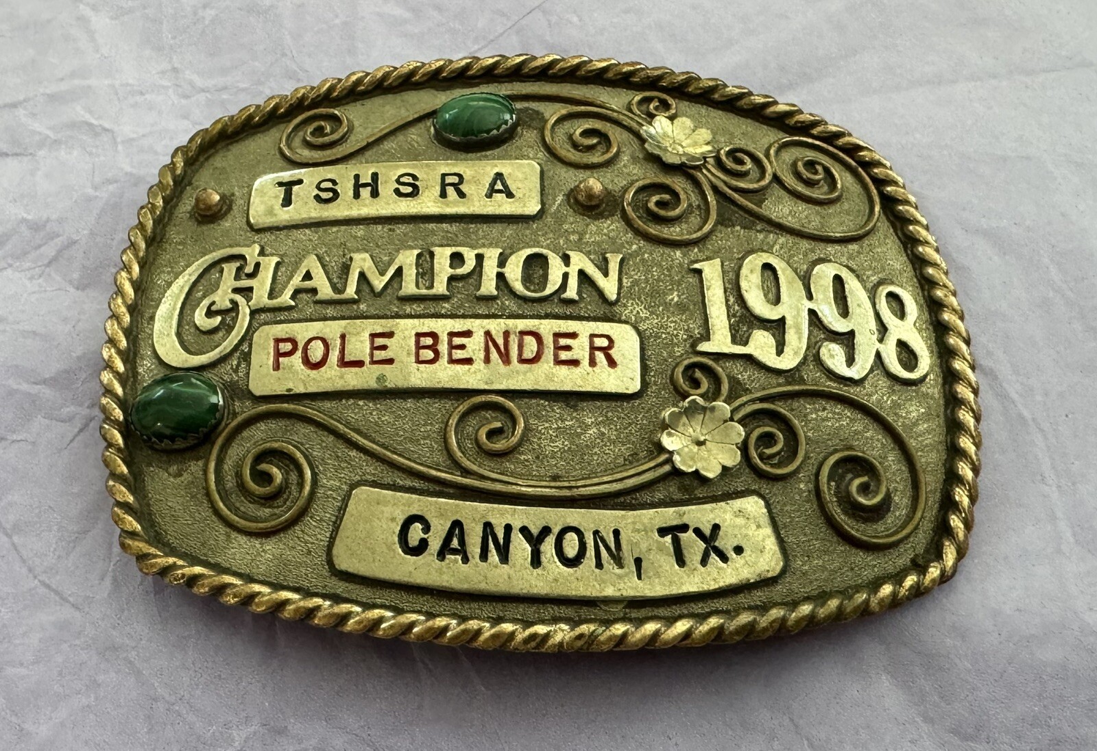 Genuine Vintage 1998 TSHSRA Canyon Texas Champion Pole Bender Trophy Belt Buckle Genuine Vintage 1998 TSHSRA Canyon Texas Champion Pole Bender Trophy Belt Buckle