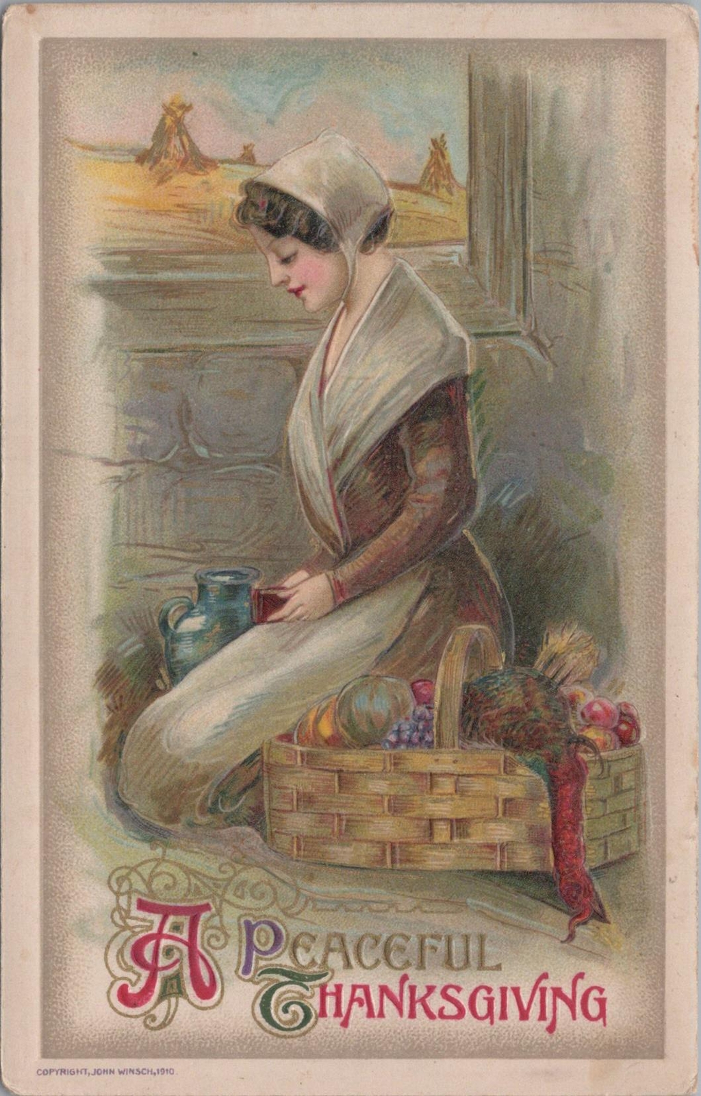 John Winsch Postcard A Peaceful Thanksgiving 1910 Woman With Basket John Winsch Postcard A Peaceful Thanksgiving 1910 Woman With Basket