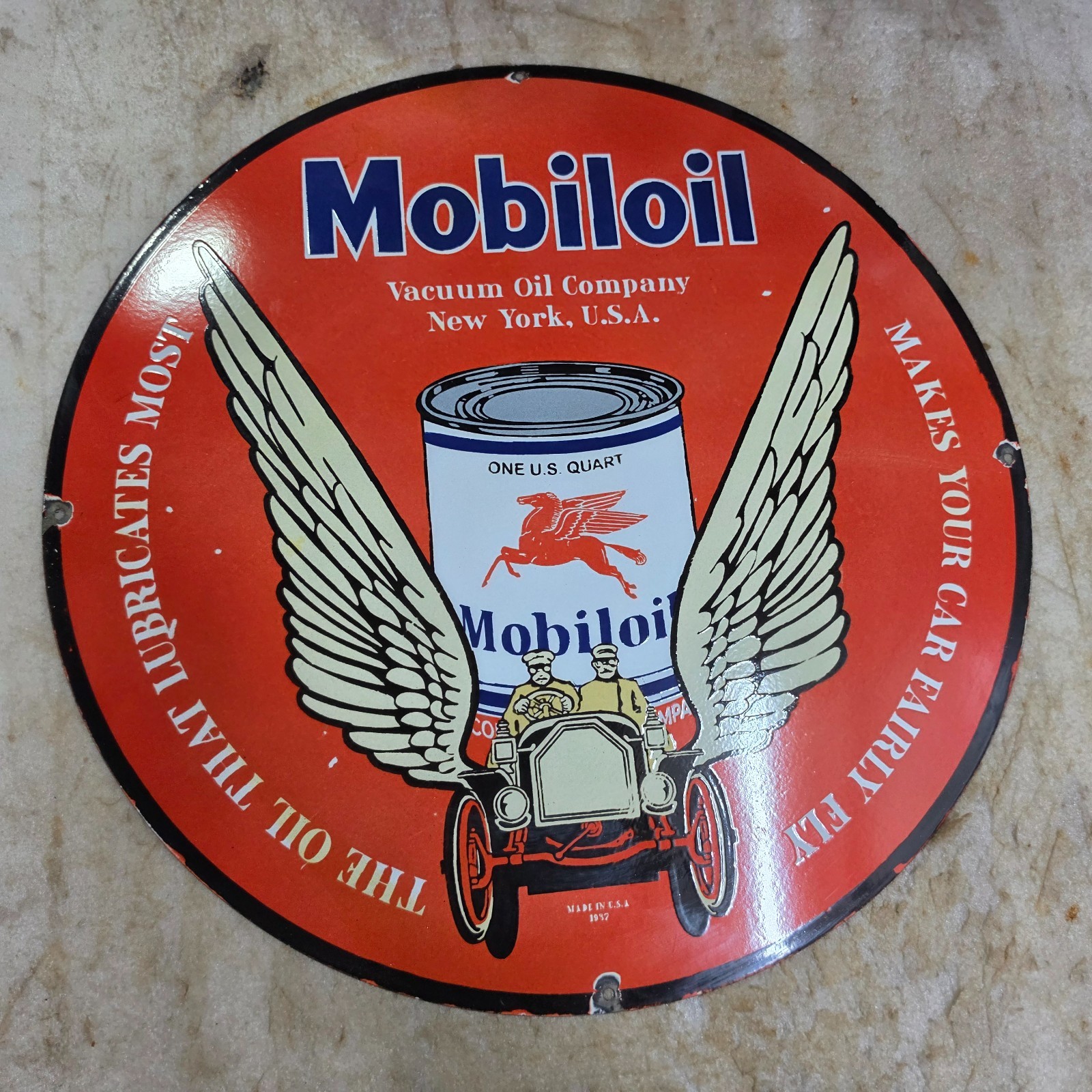 MOBILOIL WINGS 29 X 29 INCHES PORCELAIN ENAMEL SIGN
