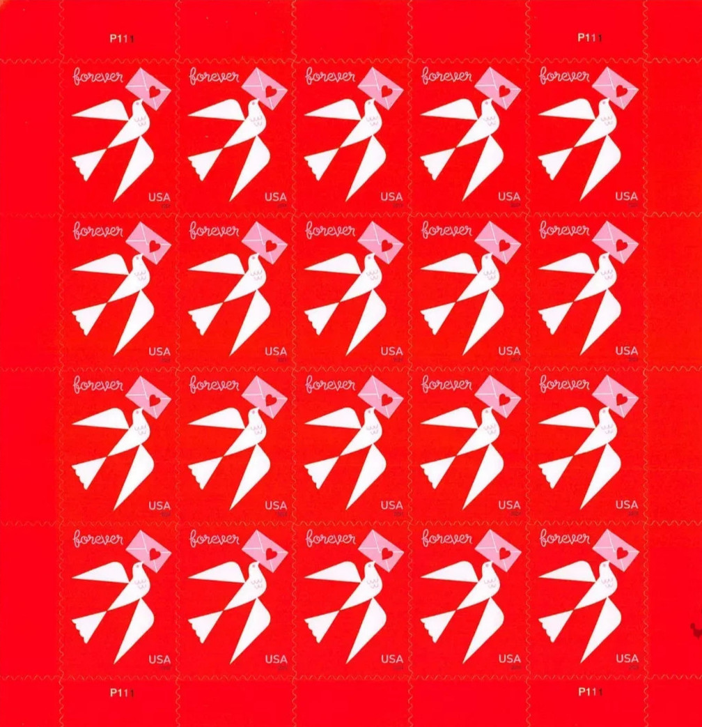 2024 USPS FIRST CLASS LETTER STAMPS DOVE WITH HEART LOVE -MNH- PANE OF 20*5=100 2024 USPS FIRST CLASS LETTER STAMPS DOVE WITH HEART LOVE -MNH- PANE OF 20*5=100