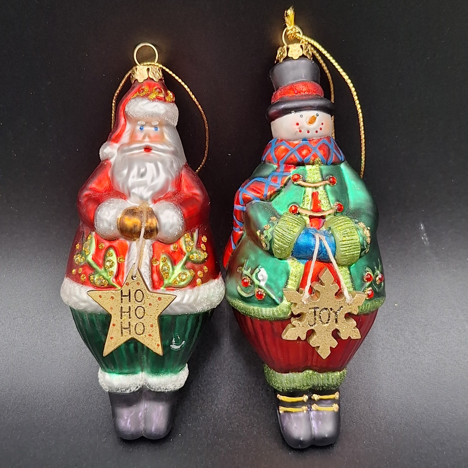 Vintage Hand Blown Glass Christmas Ornaments Santa Snowman Set of 2