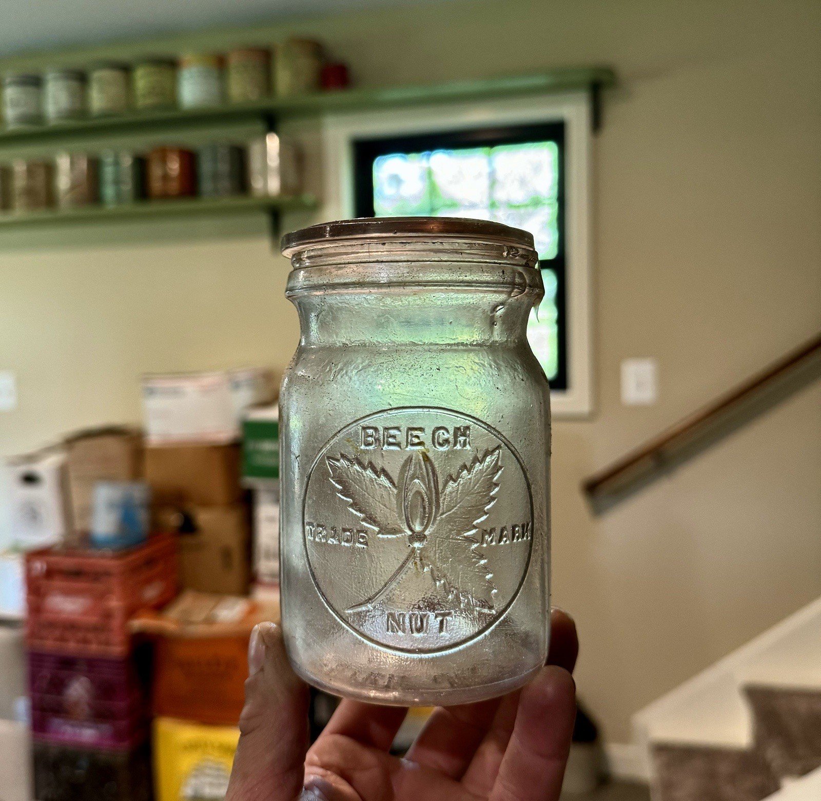 Beech Nut Nice Embossed Blown Clear Ground Lip Food Jar With Glass Lid Pat 1893 Beech Nut Nice Embossed Blown Clear Ground Lip Food Jar With Glass Lid Pat 1893