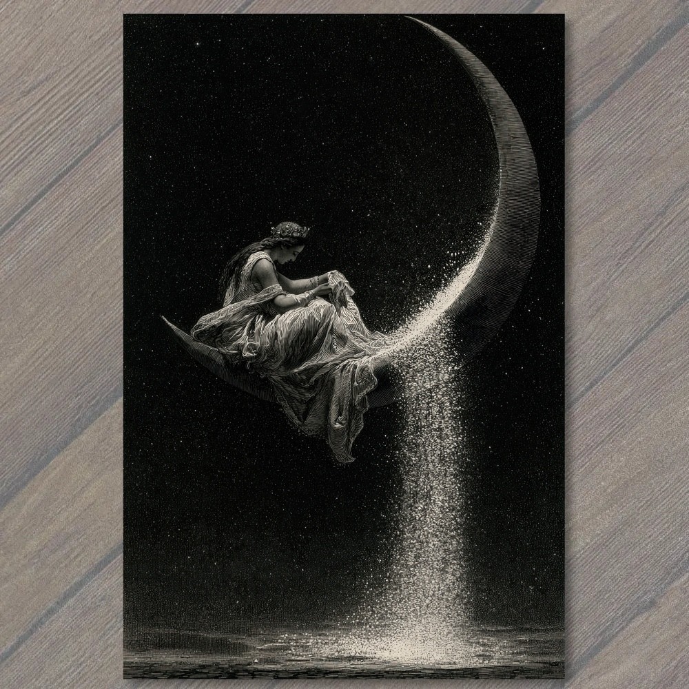 POSTCARD Crescent Moon Woman Pouring Stardust Night Sky Black White Fantasy POSTCARD Crescent Moon Woman Pouring Stardust Night Sky Black White Fantasy