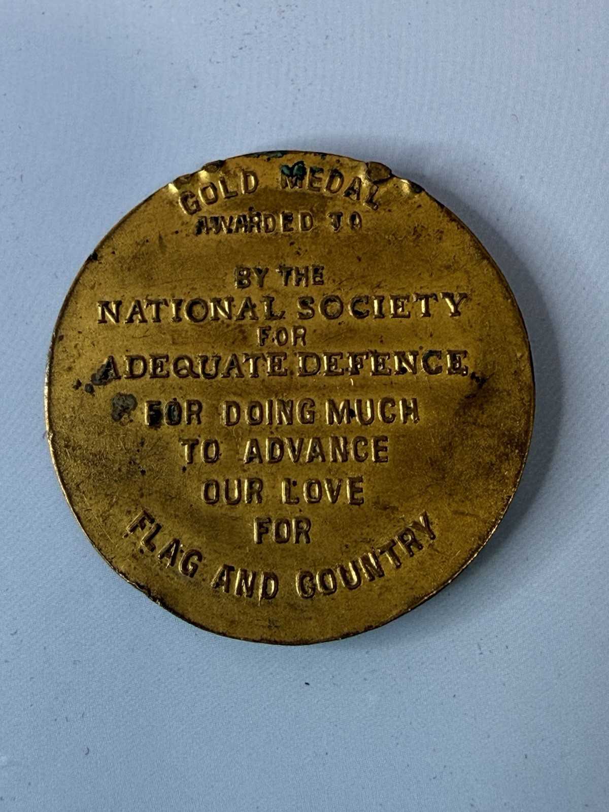 WWI National Society Adequate Defense Gold Medal Flag Country Patriotic 1917 Era