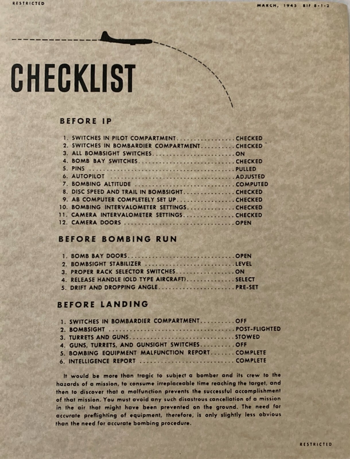 Boeing B-17 Flying Fortress Bombardier's Check List Reprint, WWII CKL-0115