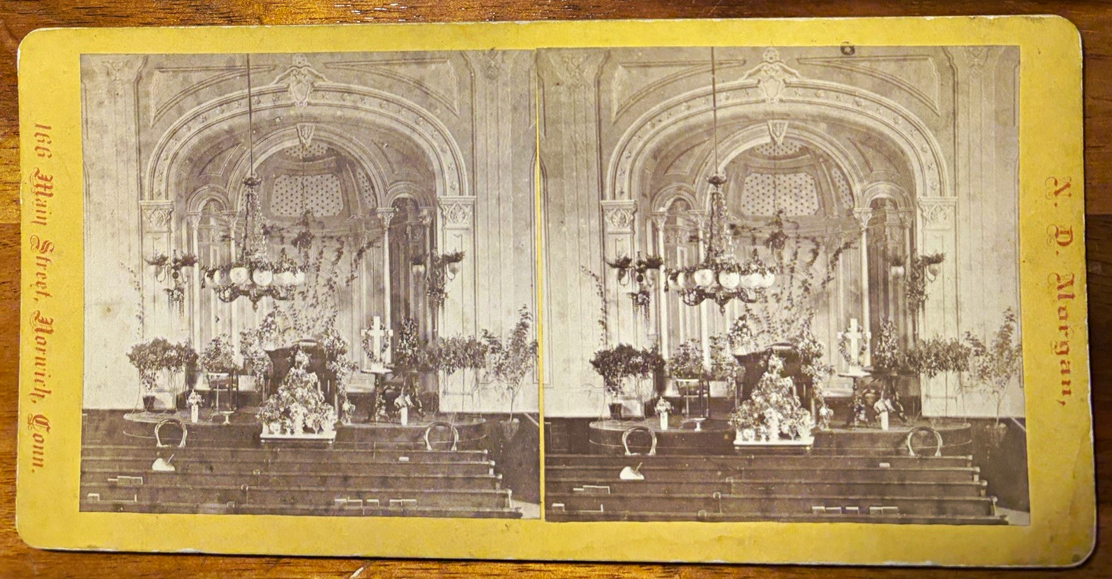 Antique Stereoview Church Interior Flowers Cross N D Morgan Norwich Conn