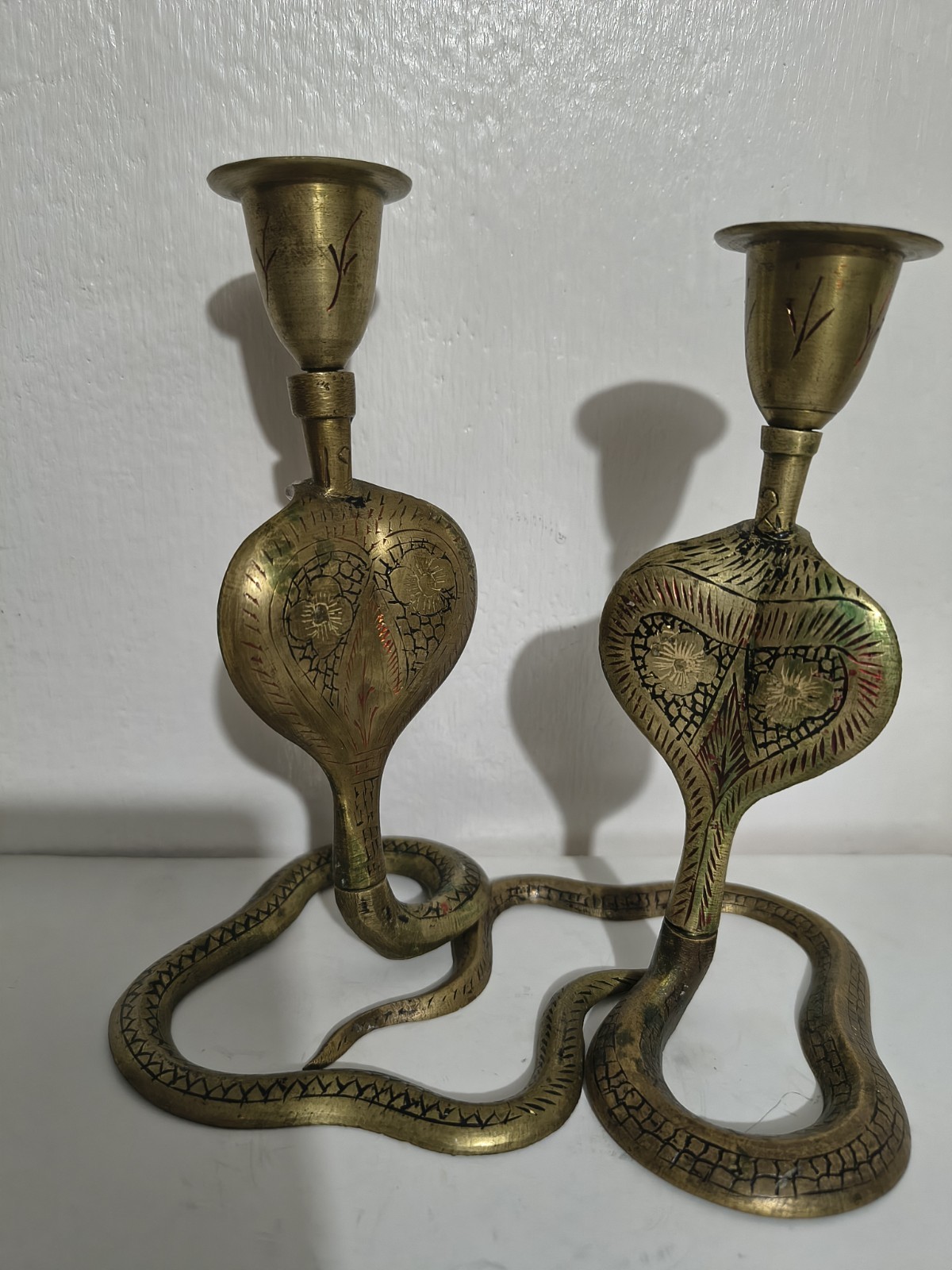 Vintage Engraved Brass Cobra Taper Candlestick Holders Set Of 2 / 6.5\