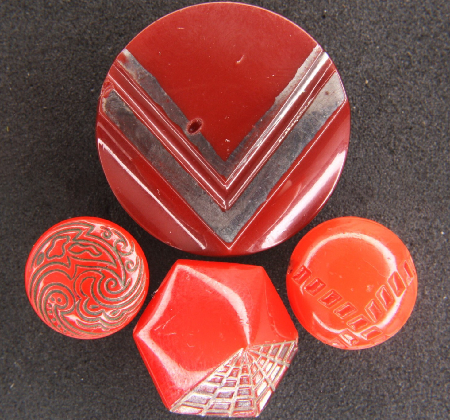 C1940-50s Vintage Red Glass Button Lot Silver Luster Geometric Art Deco MCM