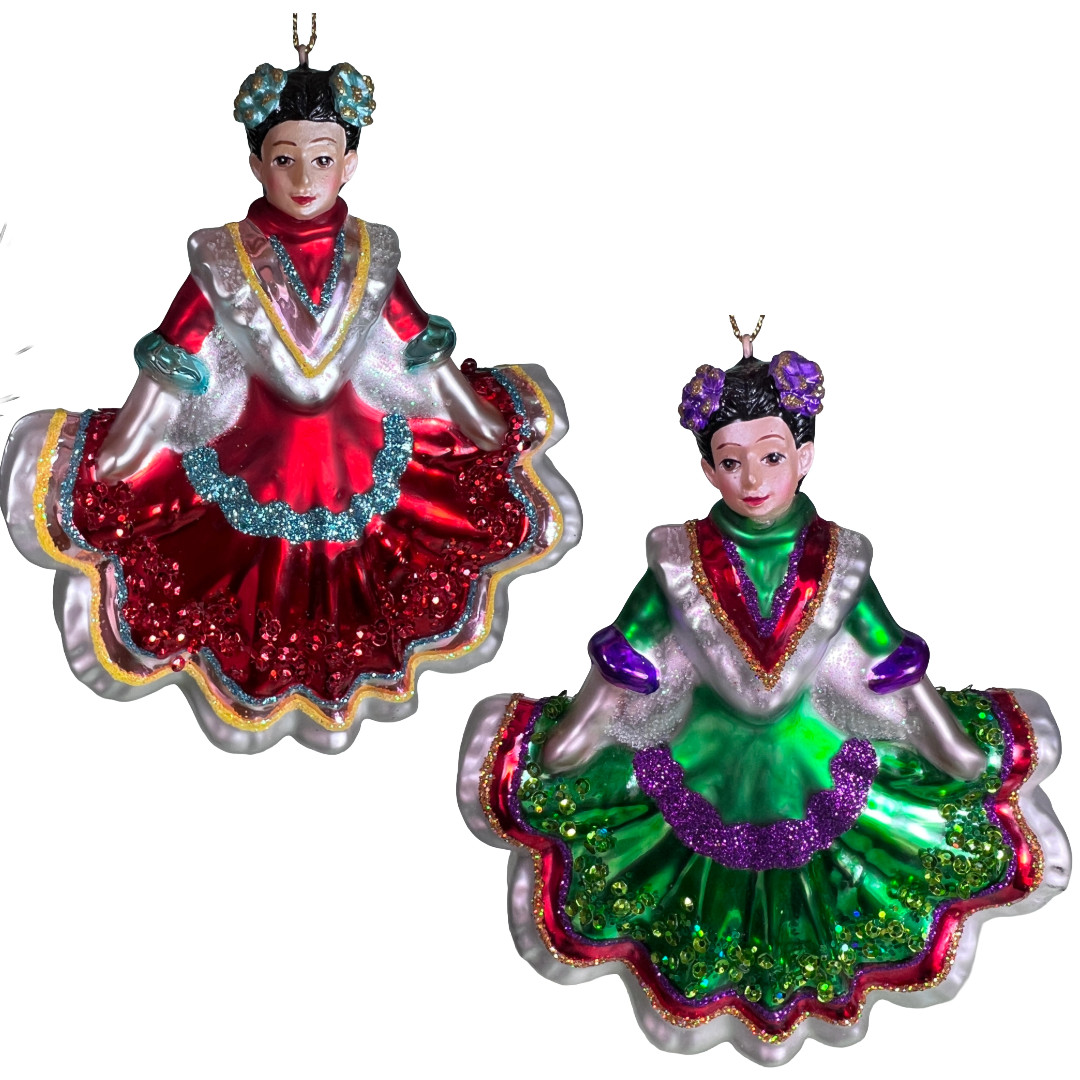 Noble Gems Female Mexican Dancers Glass Ornaments Set 2 Folklorico Day of Dead
