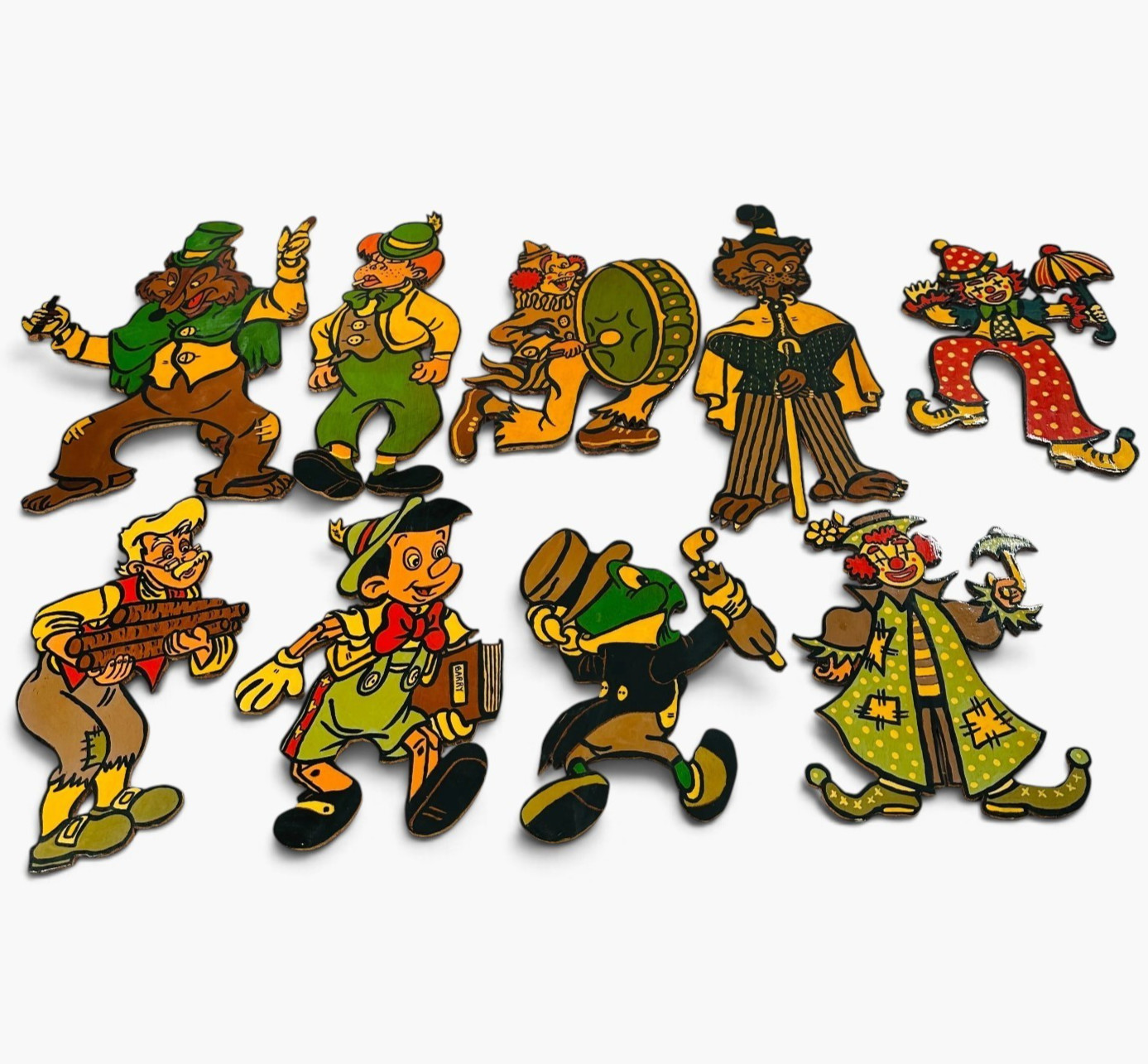 Vtg Hand Painted Wood Wall Cutouts Set of 9 Pinocchio Big Bad Wolf Clowns 1950s Vtg Hand Painted Wood Wall Cutouts Set of 9 Pinocchio Big Bad Wolf Clowns 1950s