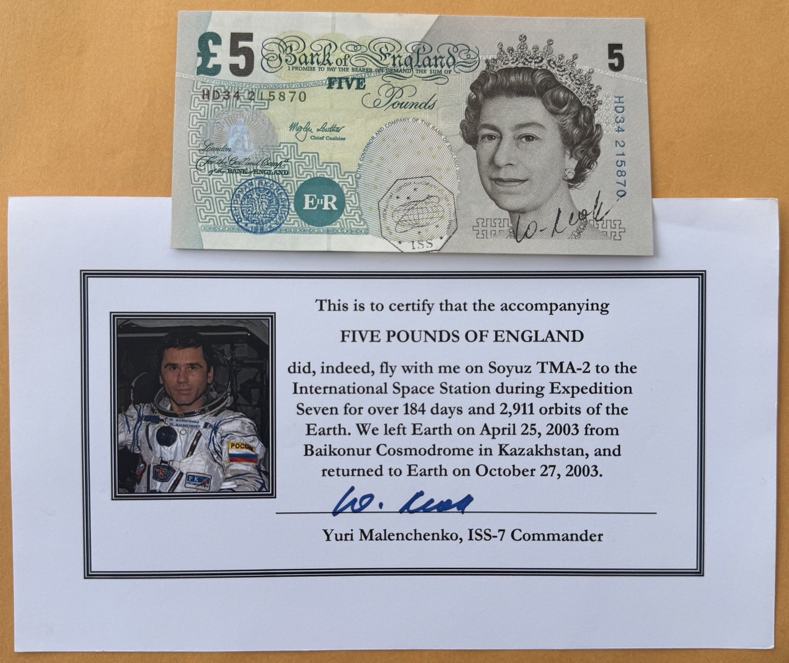 5 Pounds Bank Of England Banknote Flown on Soyuz TMA-2 Expedition-7 5 Pounds Bank Of England Banknote Flown on Soyuz TMA-2 Expedition-7
