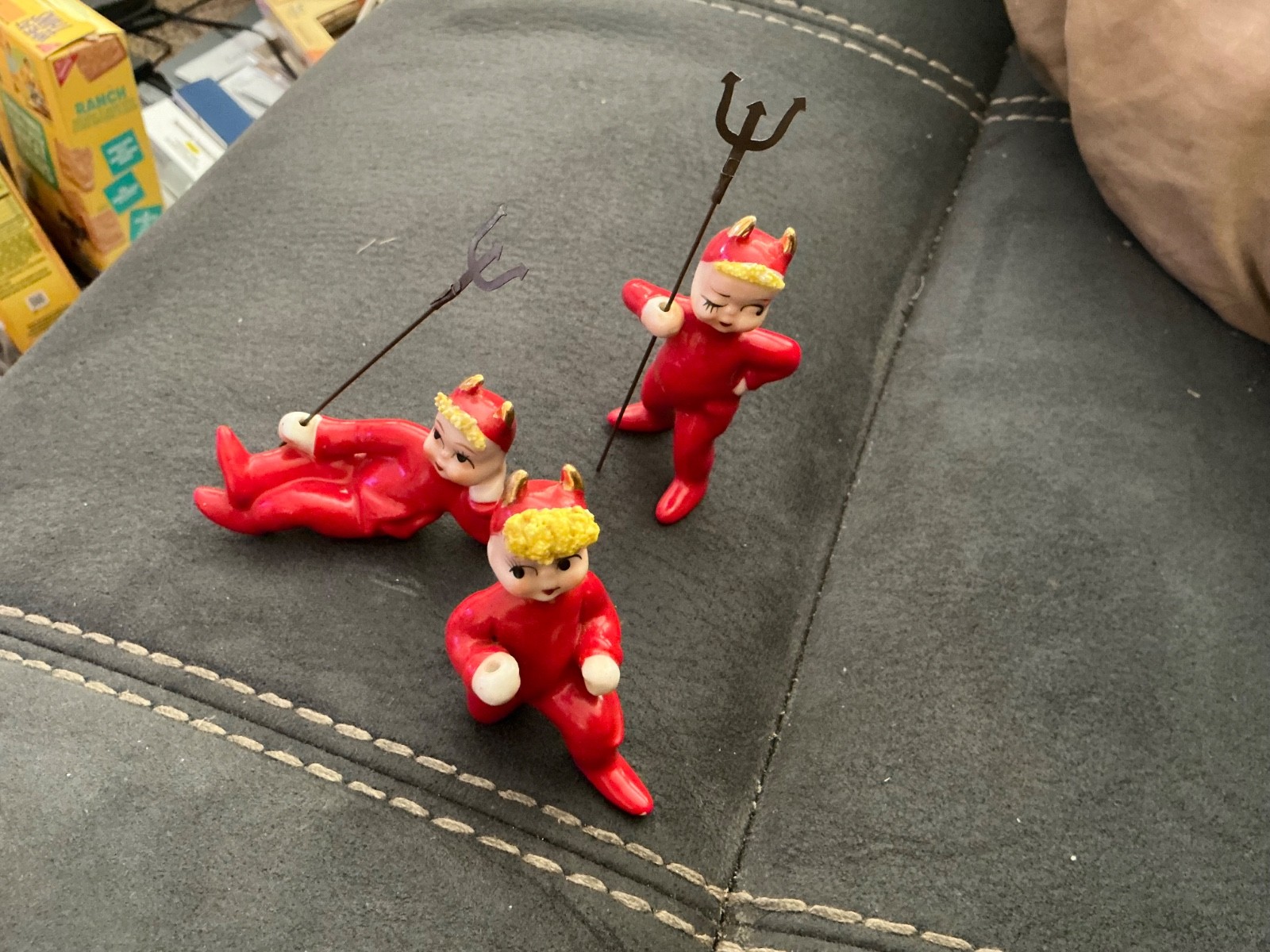 Vintage Lefton Gold Horned Red Devil Figurines Japan Pitchfork Great Condition Vintage Lefton Gold Horned Red Devil Figurines Japan Pitchfork Great Condition