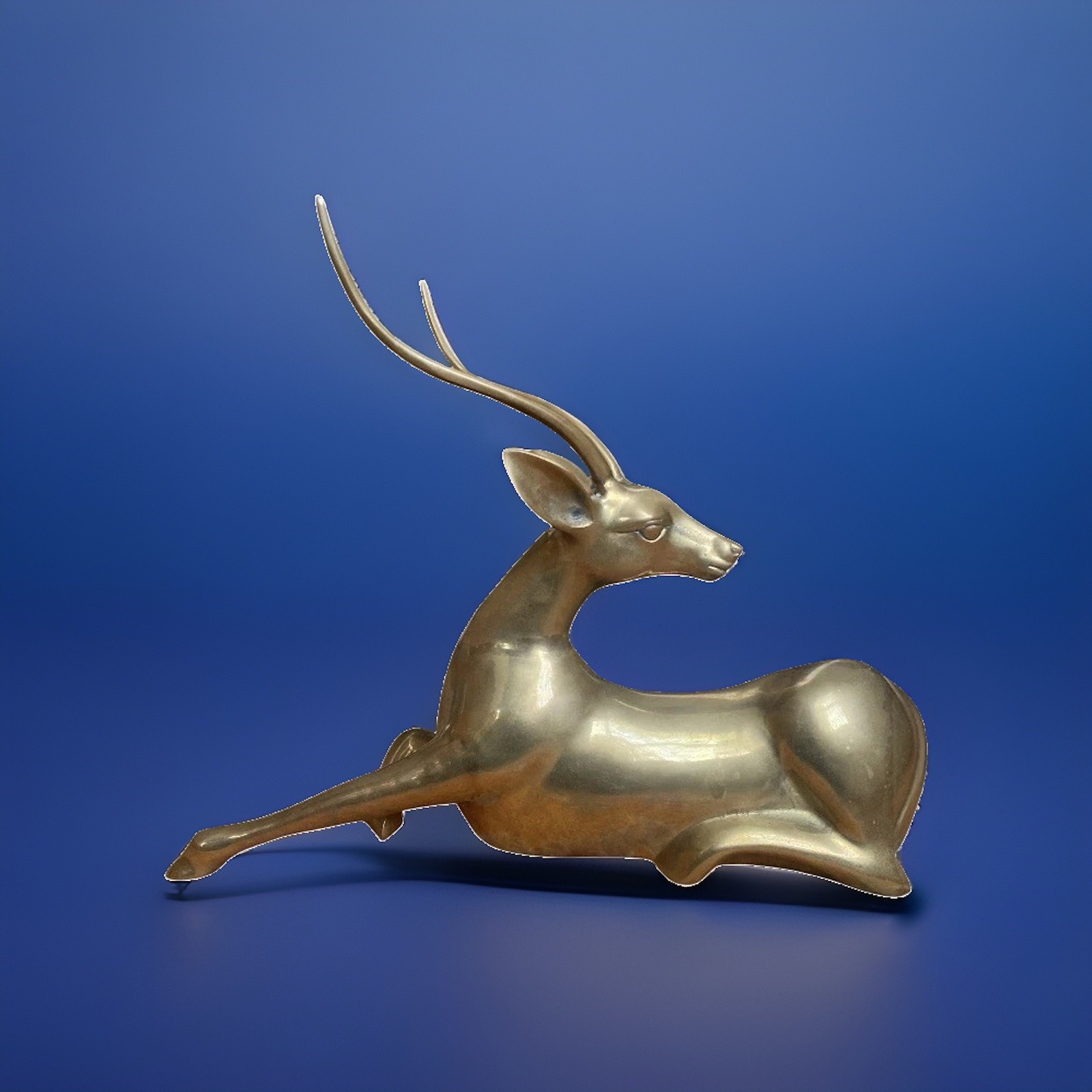 Vintage MCM Solid Brass Gazelle Antelope Figurine Reclining 16”x13” Korea