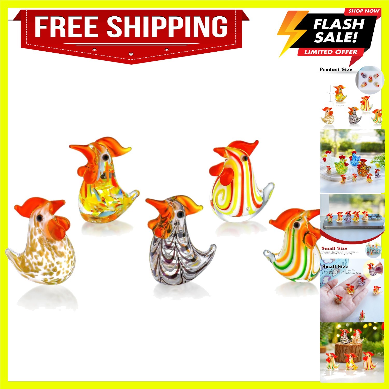 5 Pcs Blown Glass Rooster Figurines Mini Collectible Home Table Decor 5 Pcs Blown Glass Rooster Figurines Mini Collectible Home Table Decor
