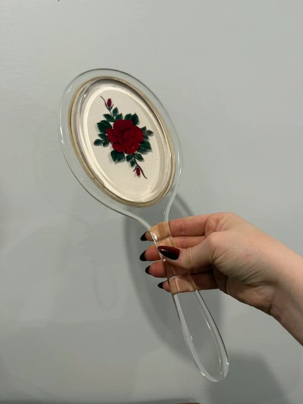 Vintage Clear Lucite Red Rose Hand Mirror