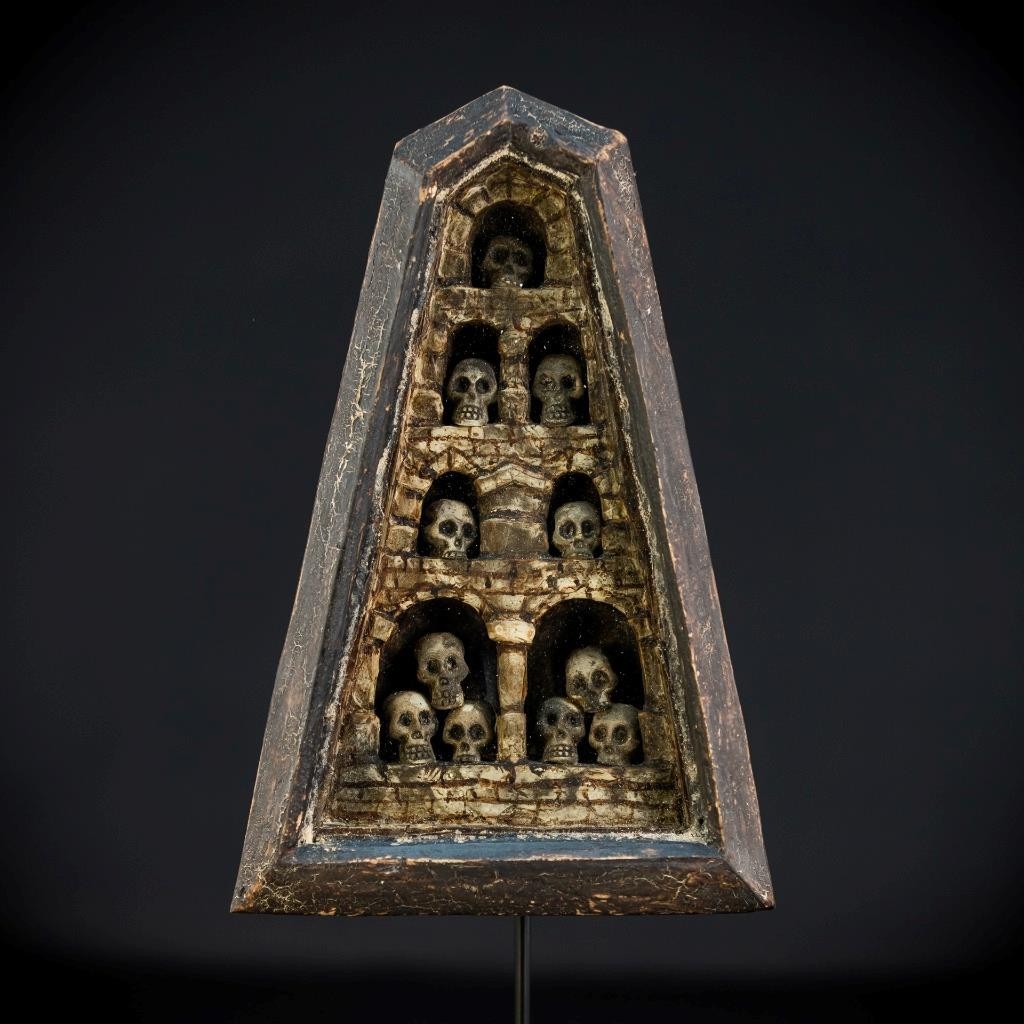 Memento Mori | Italy Antique 1800s Wooden Shrine Skulls | Ossuary Death 8.3”_