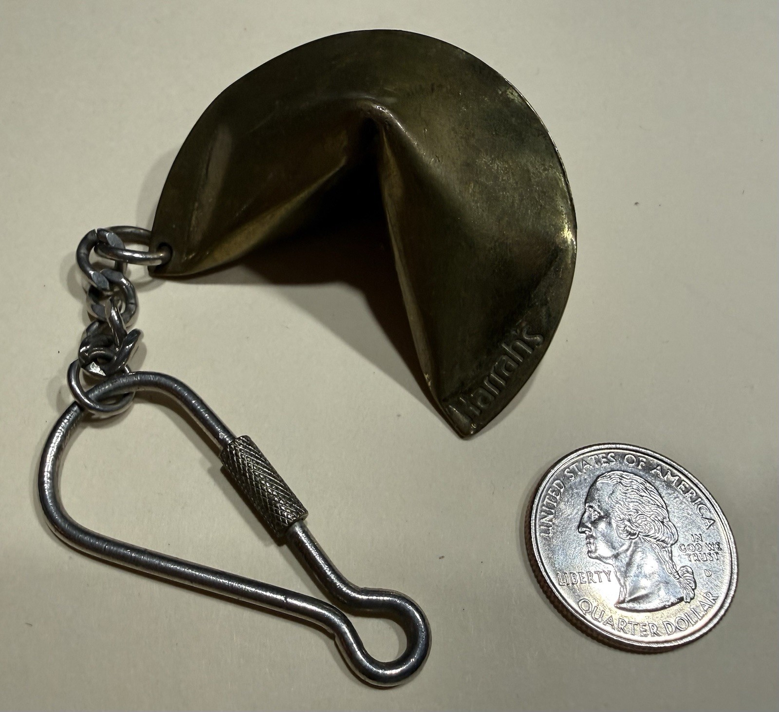 Vintage Harrahs Fortune Cookie Charm Key Chain Brass Casino Souvenir