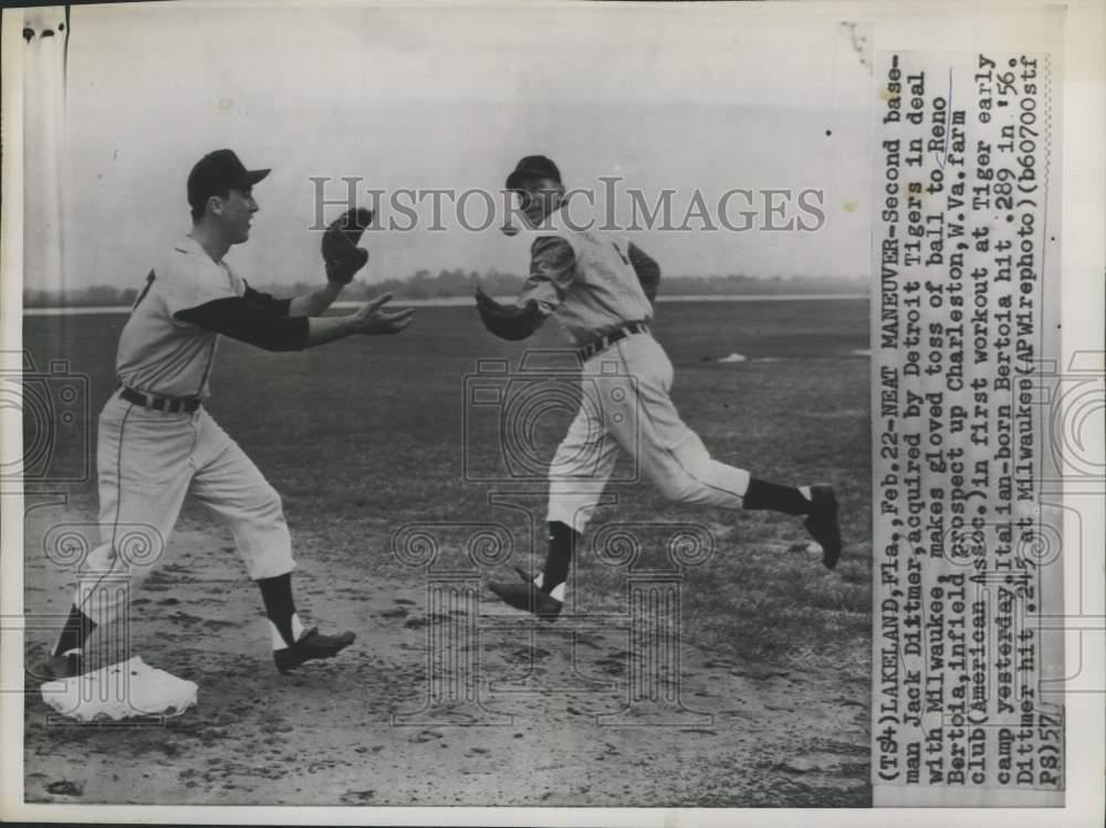 1957 Press Photo Tigers Jack Dittmer and Reno Bertoia get fancy at training camp