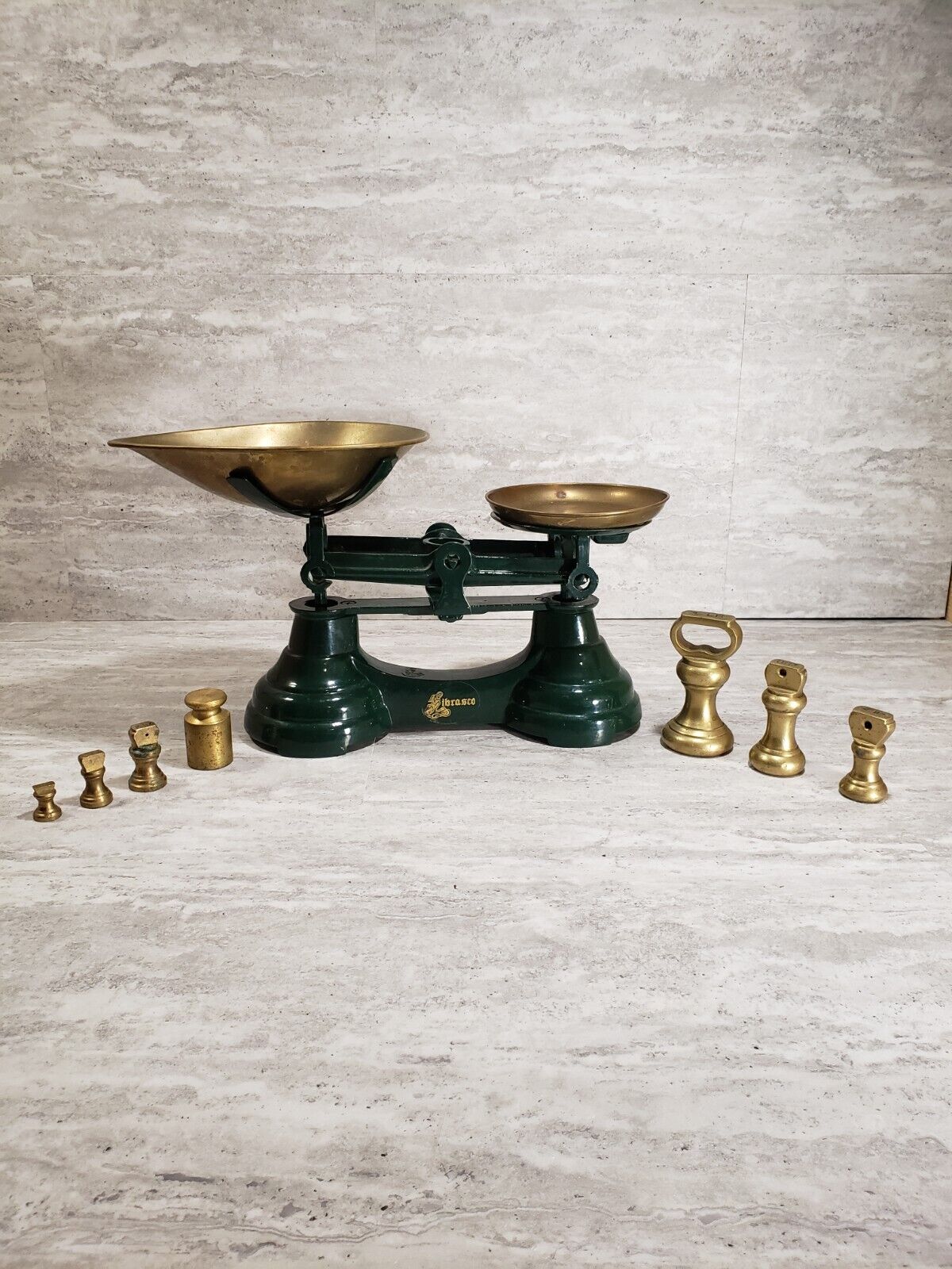 Scale with Seven Brass Bell Weights Vintage Librasco Green