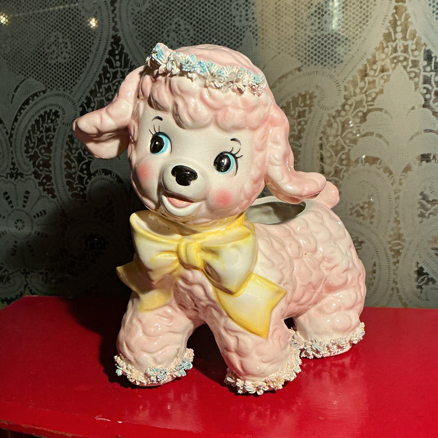 Relpo Vintage Kitsch Samson 1961 Pink Lamb Planter Yellow Bow Baby Room Decor