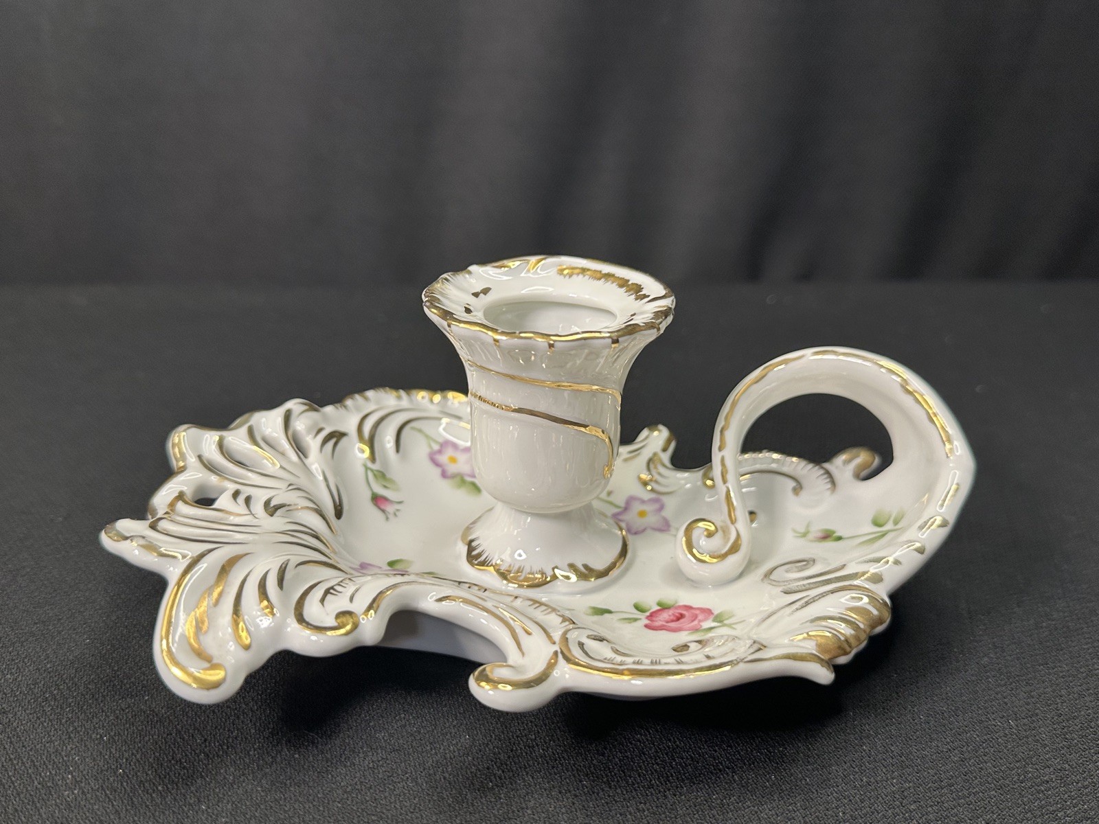 Exquisite Vintage Handled Candlestick Holder Heavy Gilt Trim Reticulated China Exquisite Vintage Handled Candlestick Holder Heavy Gilt Trim Reticulated China