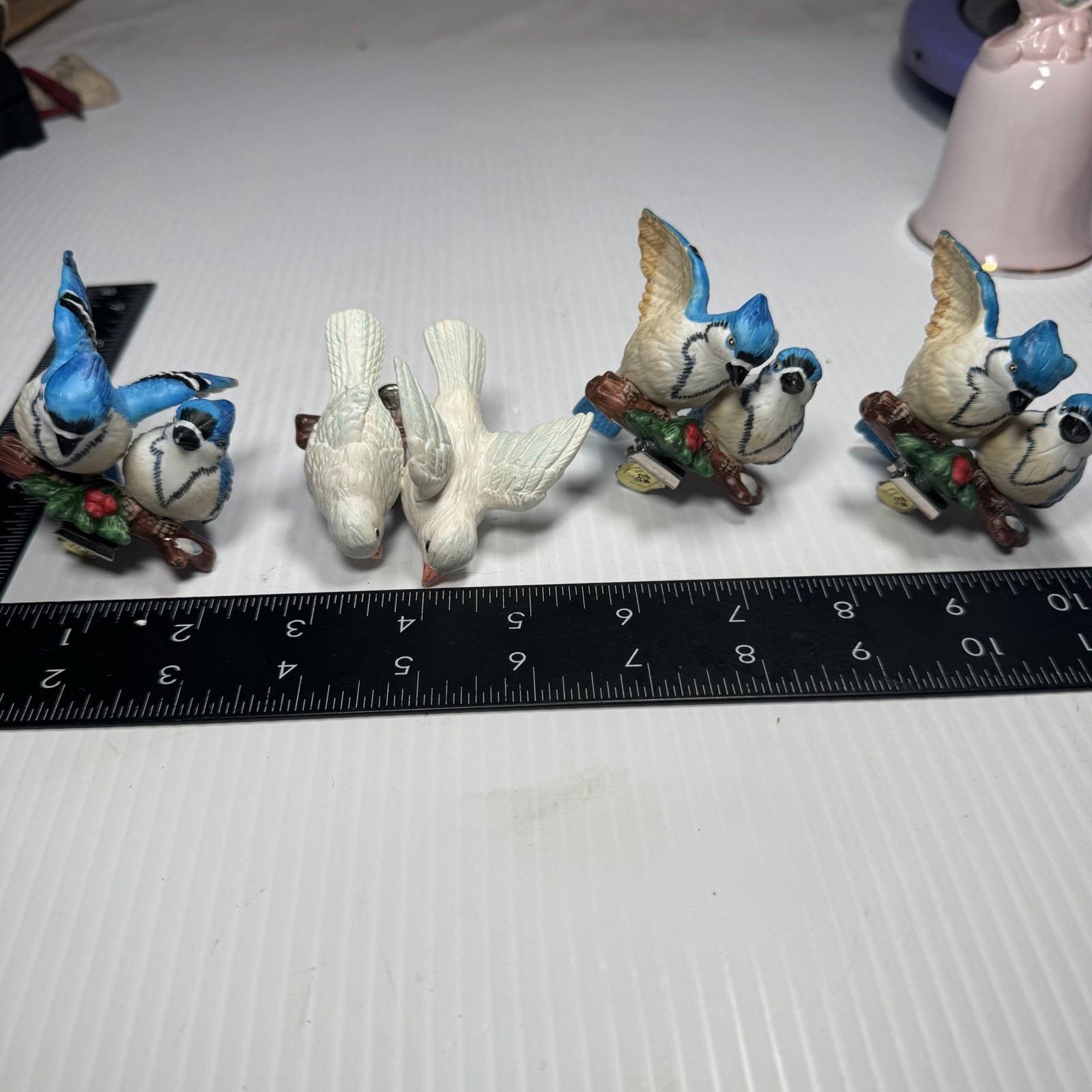 VTG Russ Berrie Clip On Ceramic Winterland Doves & Blue Birds 4 Sets Ornaments