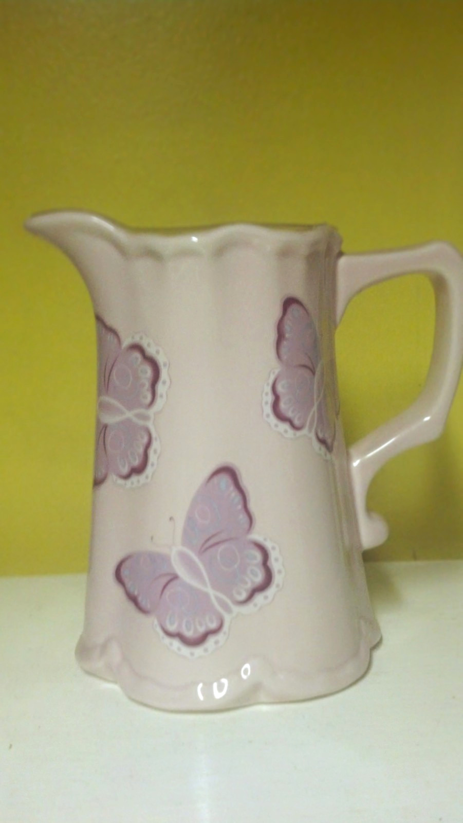 Pink & Purple Glossy Ceramic Pitcher, Butterfly Pattern, Handle & Spout