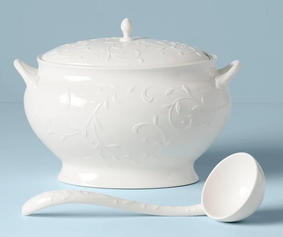 Lenox Opal Innocence Carved Covered Soup Tureen Set with Ladle, 152 oz Brand New
