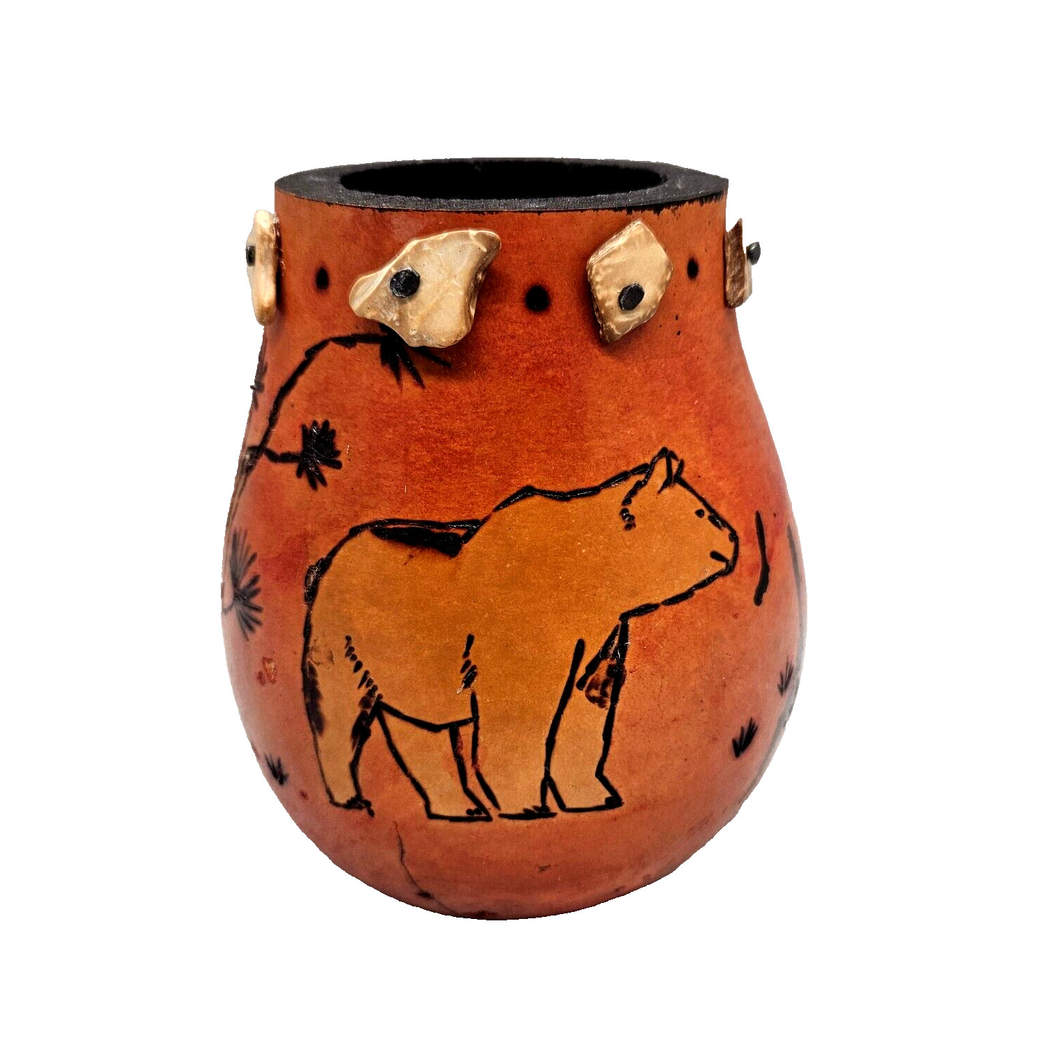 Vtg Hand Carved Gourd Wood Burned Bear Motive Native Southwestern Pen Holder