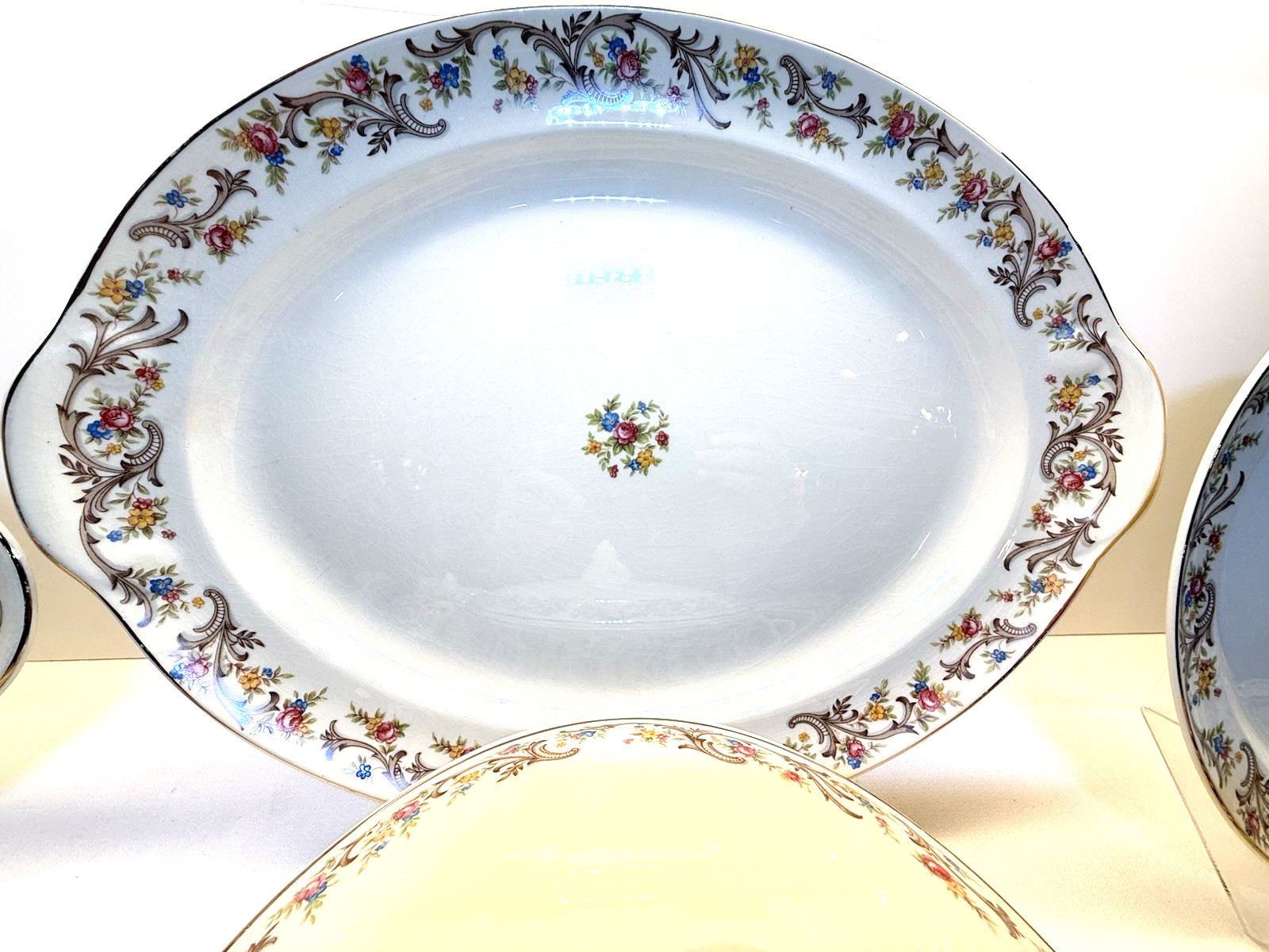 Taylor Smith Taylor #1631 Brown Scroll Floral 1940s China Service for 8 49pc
