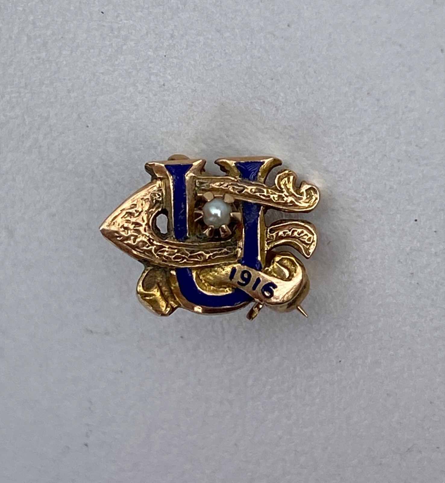 Antique 1916 “U” 14K Gold Class Pin  - Clarke Maker / Seed Pearl