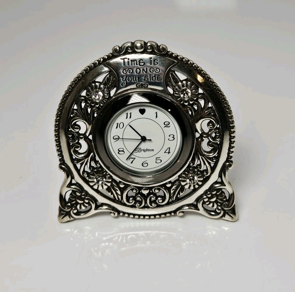 Brighton “TIME IS ON YOUR SIDE” Clock Filigree Silver Tone Victorian - Needs Bat