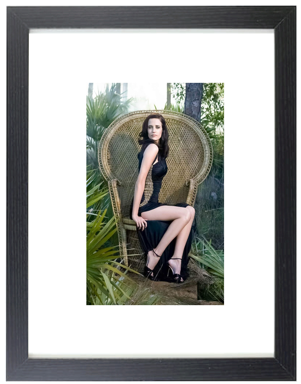 Actress Eva Green Black Dress Wicker Chair Matted & Framed Photo Picture
