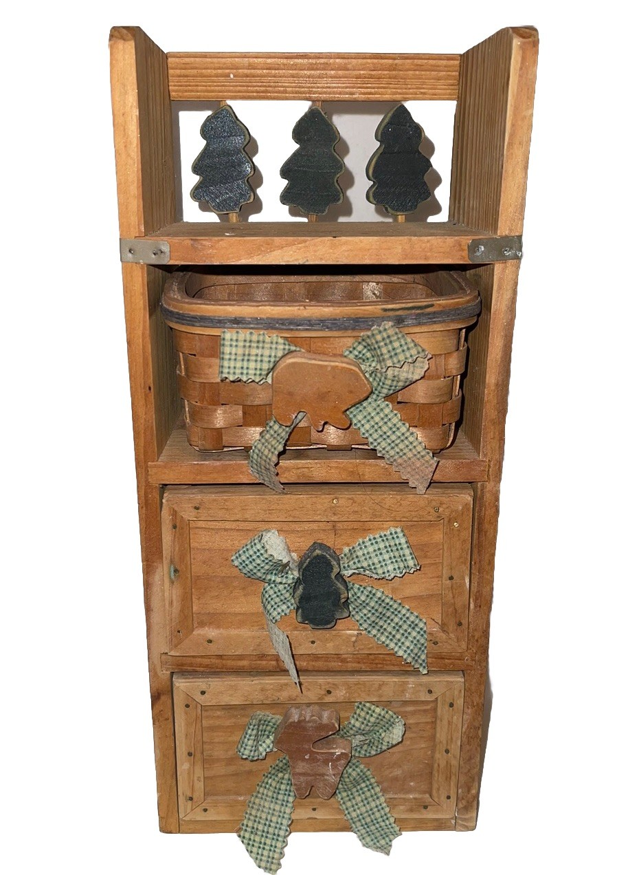 Vintage Rustic Primitive Wood Hanging Wall Shelf Drawers & Basket 14“ X 6“ Fun Vintage Rustic Primitive Wood Hanging Wall Shelf Drawers & Basket 14“ X 6“ Fun