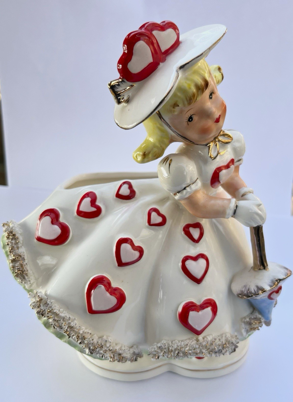Samson Relpo Vintage 1958 Ceramic Valentine Heart Girl w/ Parasol Planter A809 Samson Relpo Vintage 1958 Ceramic Valentine Heart Girl w/ Parasol Planter A809