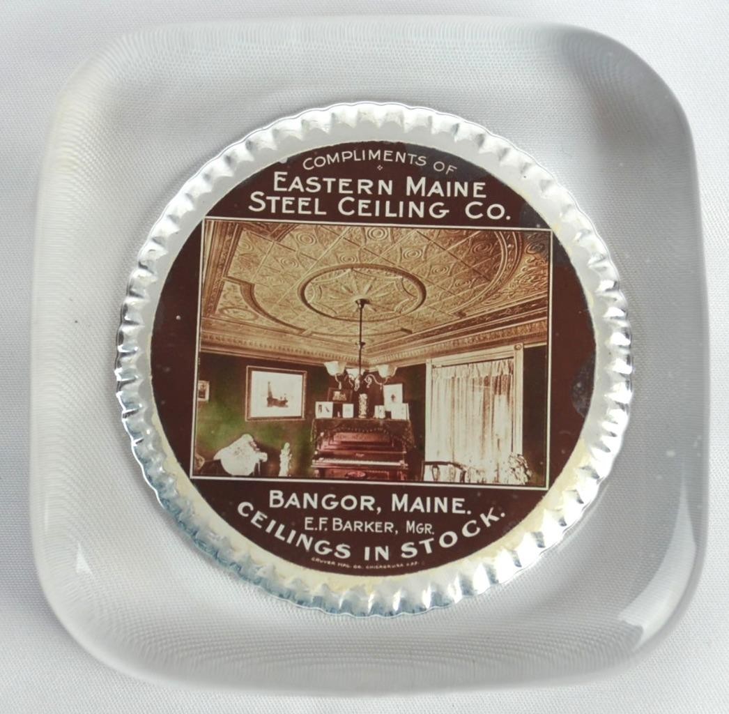 VINTAGE PAPERWEIGHT - EASTERN MAINE STEEL CEILING CO BANGOR ME c1920 - CRUVER CO