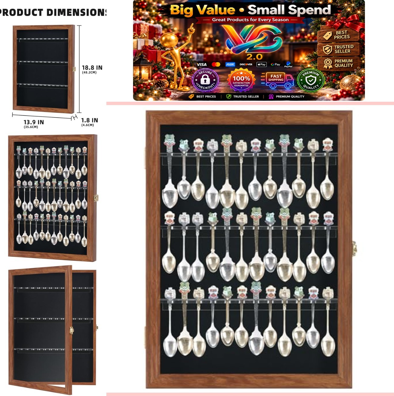 36 Souvenir Tea Spoon Display Case Wall Mount Walnut Finish Lockable Acrylic
