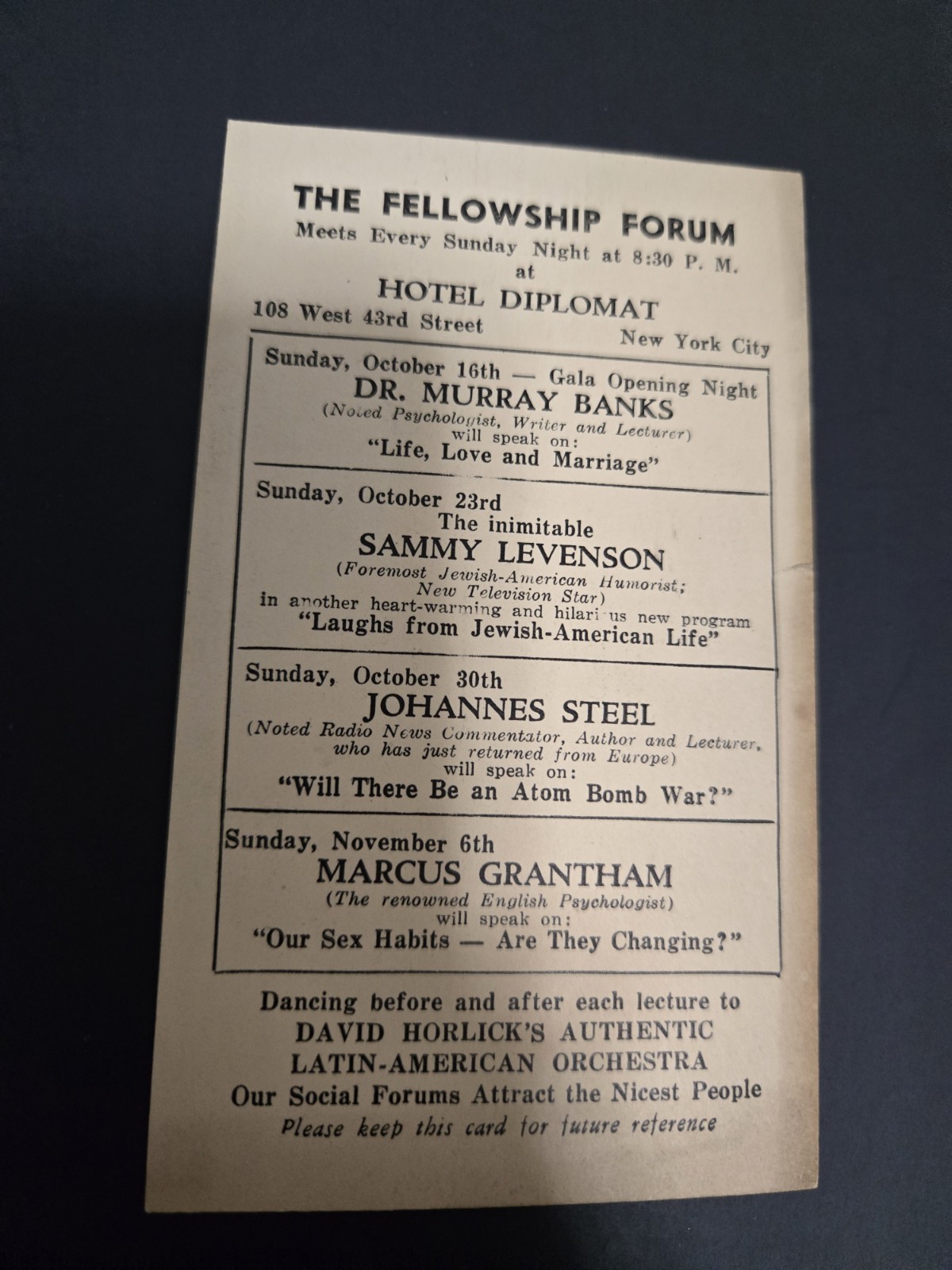 Vintage THE FELLOWSHIP FORUM LECTURE PROGRAM CARD 1940\'\'S HOTEL DIPLOMAT NYC Vintage THE FELLOWSHIP FORUM LECTURE PROGRAM CARD 1940\'\'S HOTEL DIPLOMAT NYC