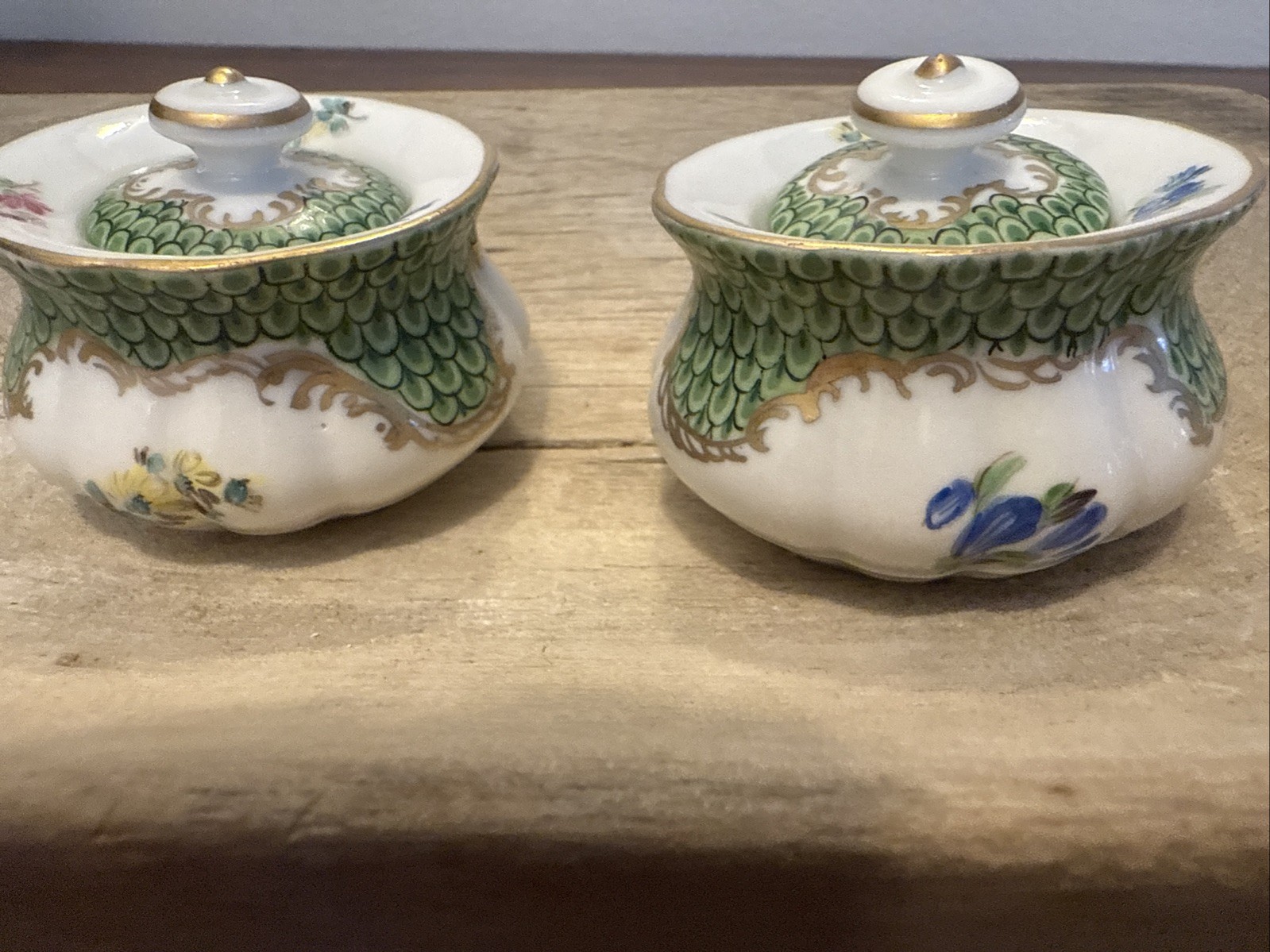 Pair Antique Pair Green Fish Scales Dresden Porcelain Mini Jars Gold Rim Pair Antique Pair Green Fish Scales Dresden Porcelain Mini Jars Gold Rim